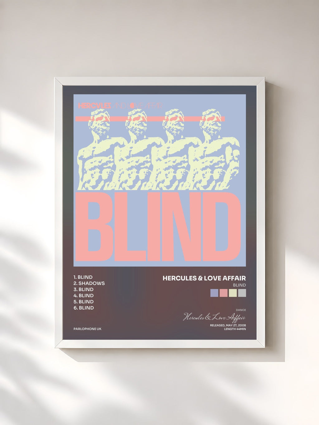 #blanc Blind by Hercules & Love Affair as a framed art print, white frame, printed and framed in France