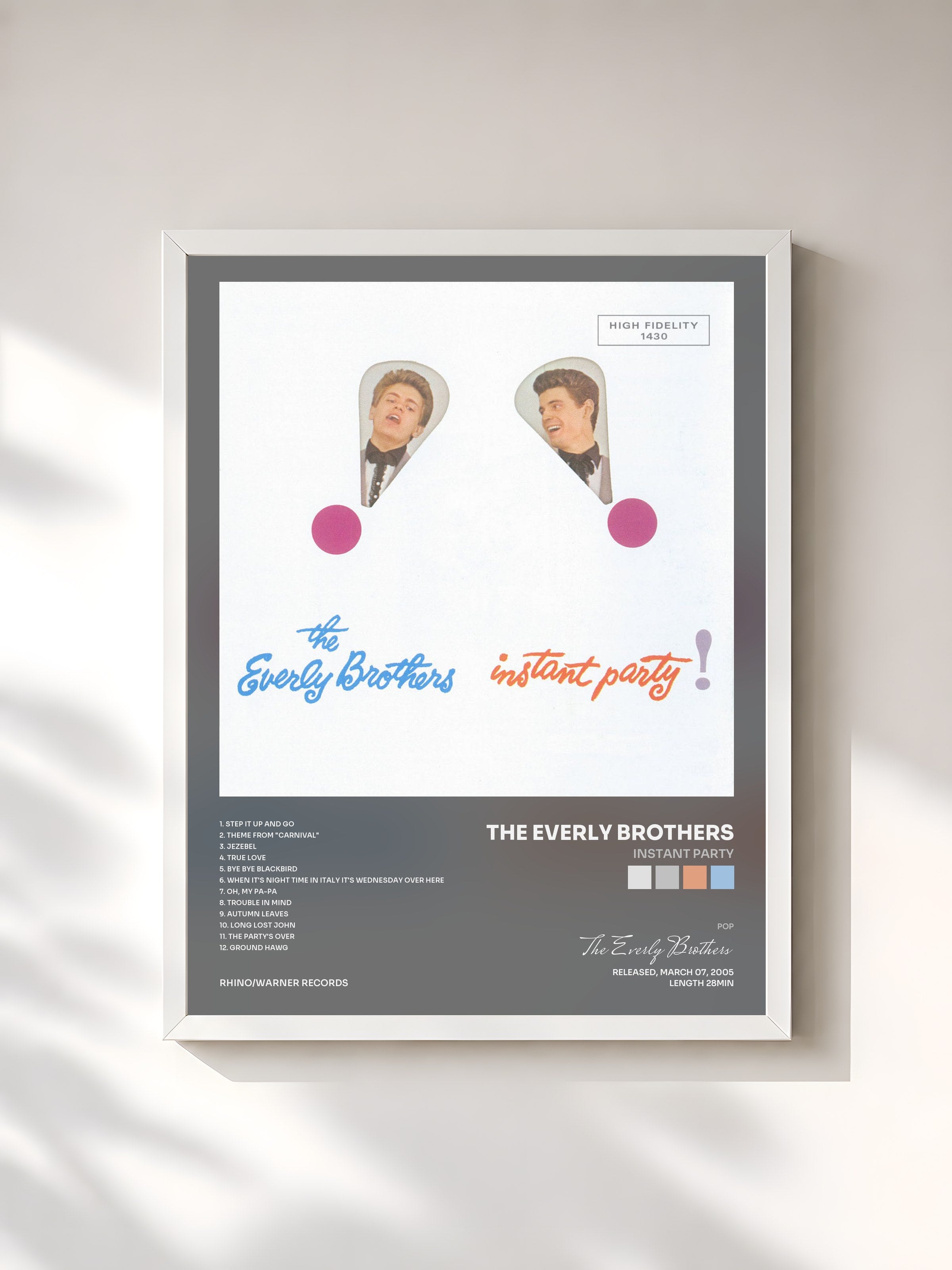 #blanc Tableau de l'album Instant Party de The Everly Brothers, cadre blanc, imprimé et encadré en France