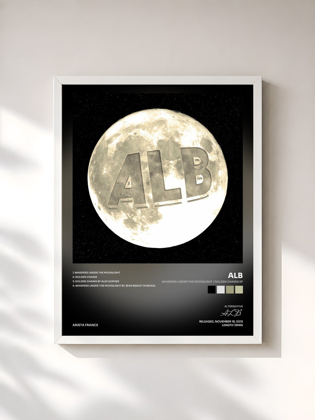 #blanc Whispers Under The Moonlight / Golden Chains EP de ALB en lámina enmarcada, marco blanco, impresa y enmarcada en Francia