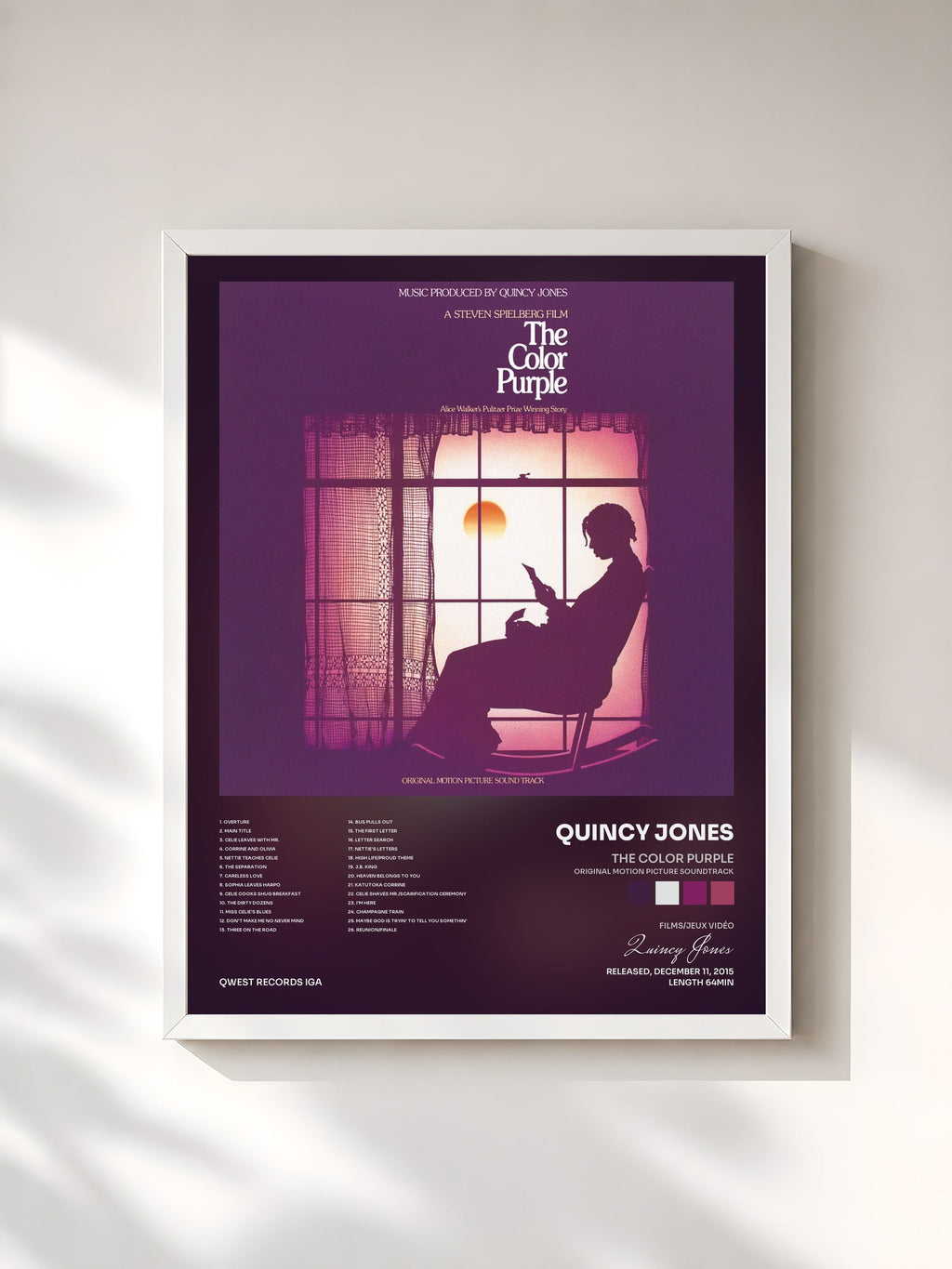 #blanc The Color Purple (Original Motion Picture Soundtrack) de Quincy Jones en lámina enmarcada, marco blanco, impresa y enmarcada en Francia