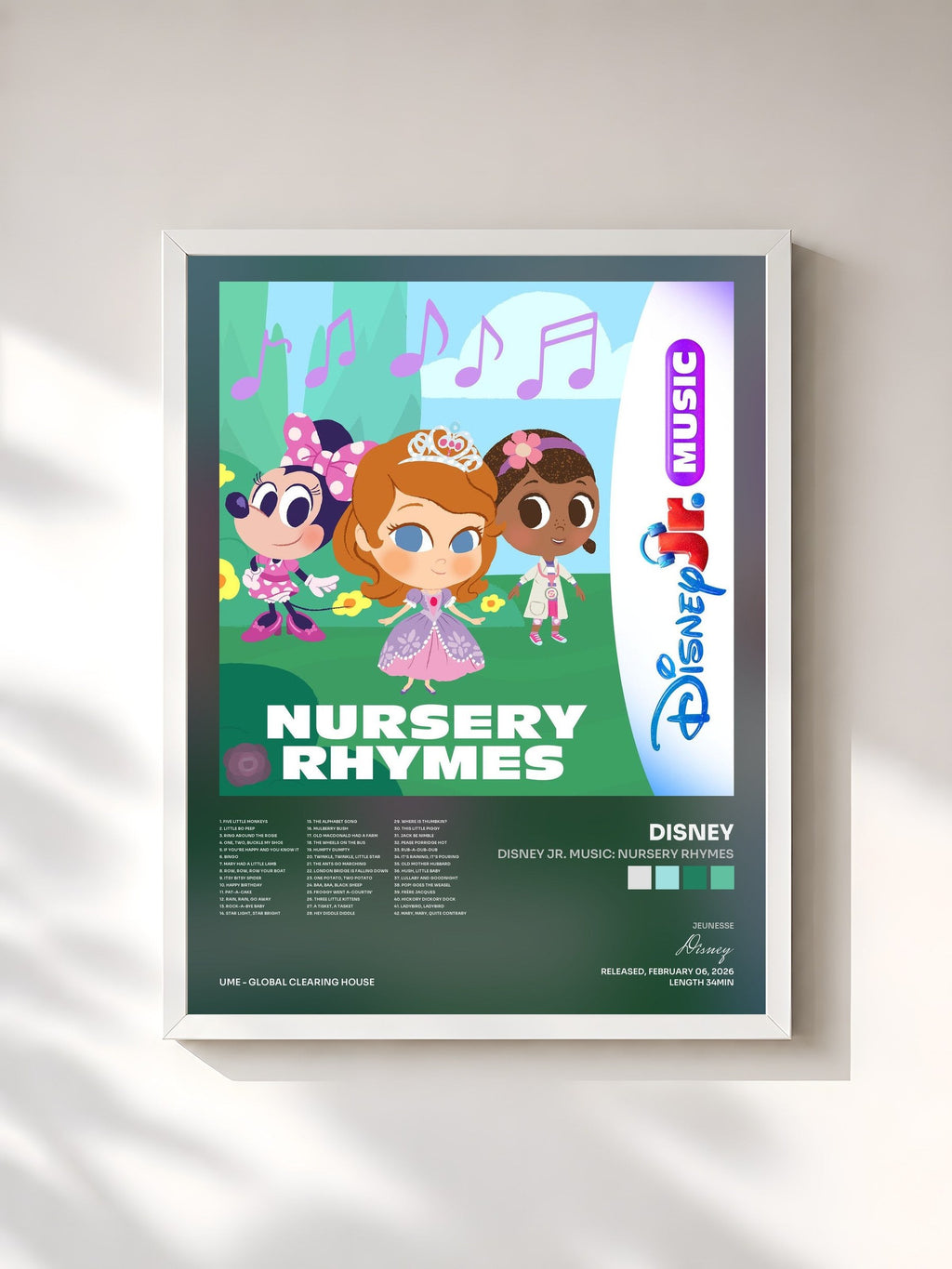 #blanc Tableau de l'album Disney Jr. Music: Nursery Rhymes de Disney, cadre blanc, imprimé et encadré en France