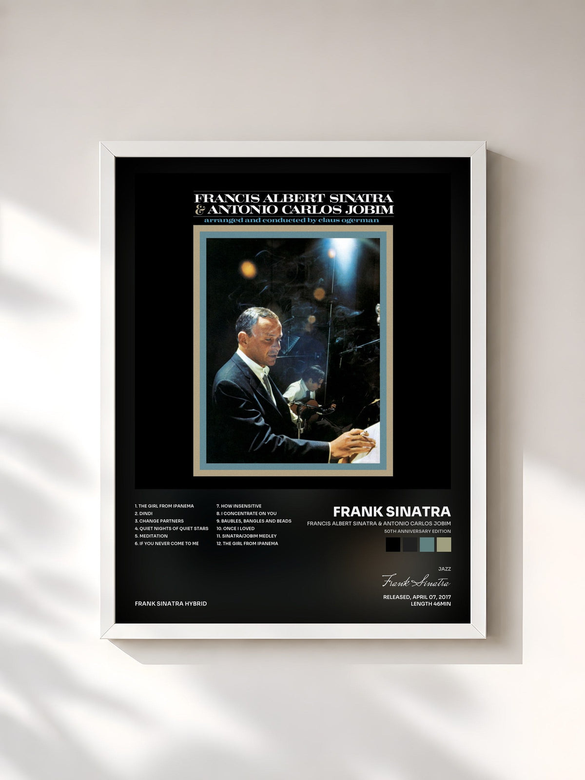 #blanc Tableau de l'album Francis Albert Sinatra & Antonio Carlos Jobim (50th Anniversary Edition) de Frank Sinatra, cadre blanc, imprimé et encadré en France