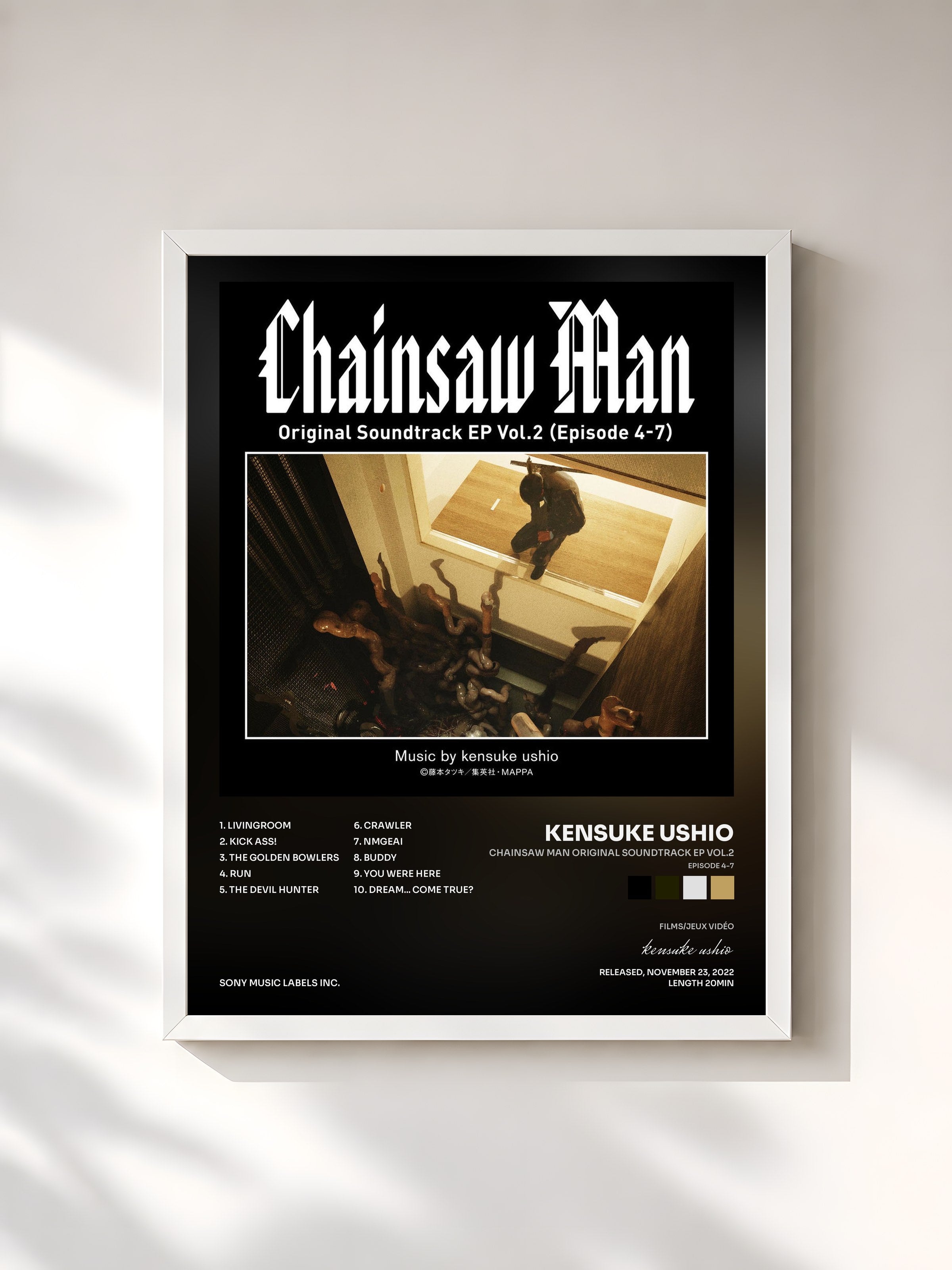 #blanc Tableau de l'album Chainsaw Man Original Soundtrack EP Vol.2 (Episode 4-7) de kensuke ushio, cadre blanc, imprimé et encadré en France