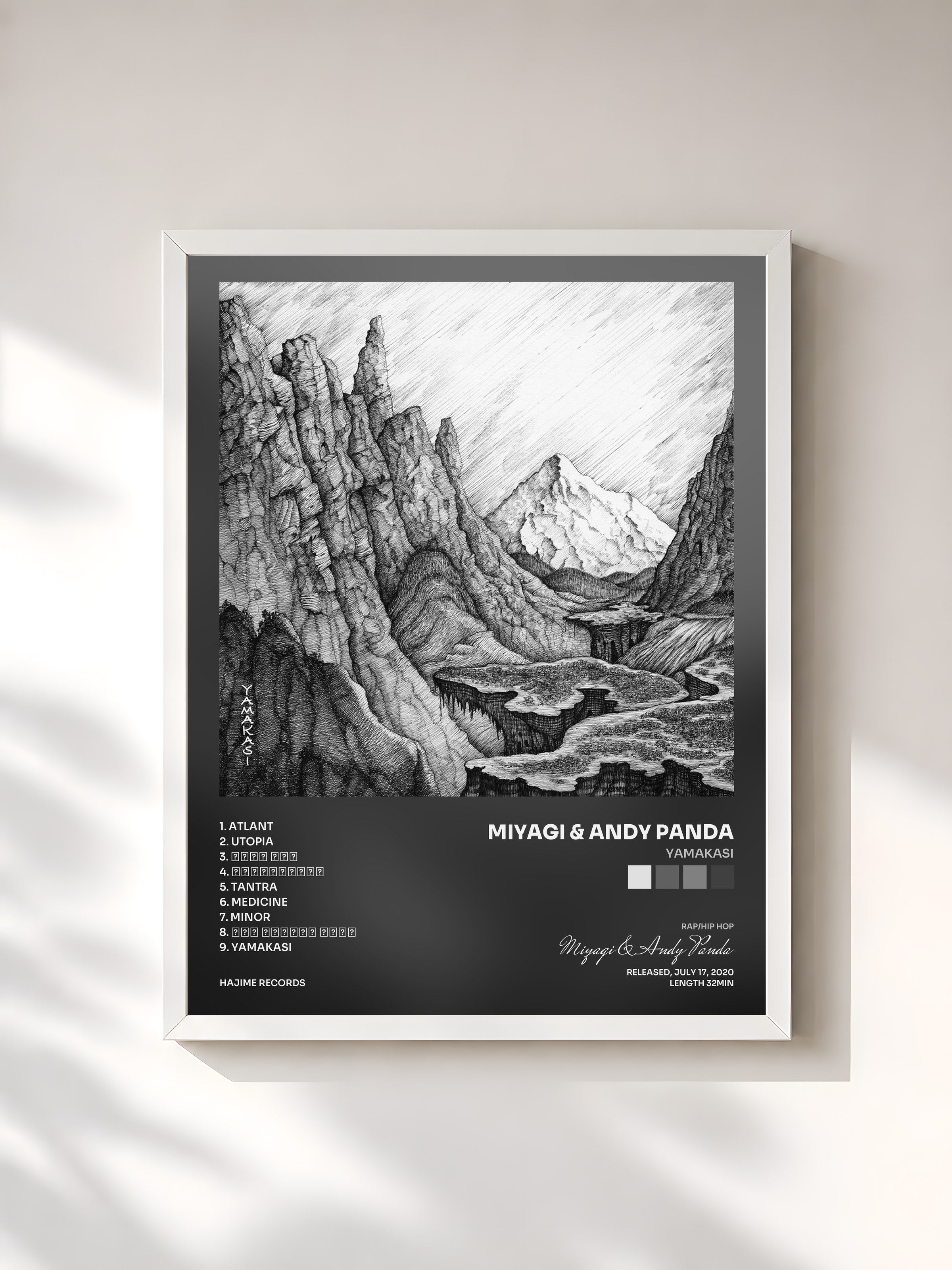 #blanc Tableau de l'album YAMAKASI de Miyagi & Andy Panda, cadre blanc, imprimé et encadré en France