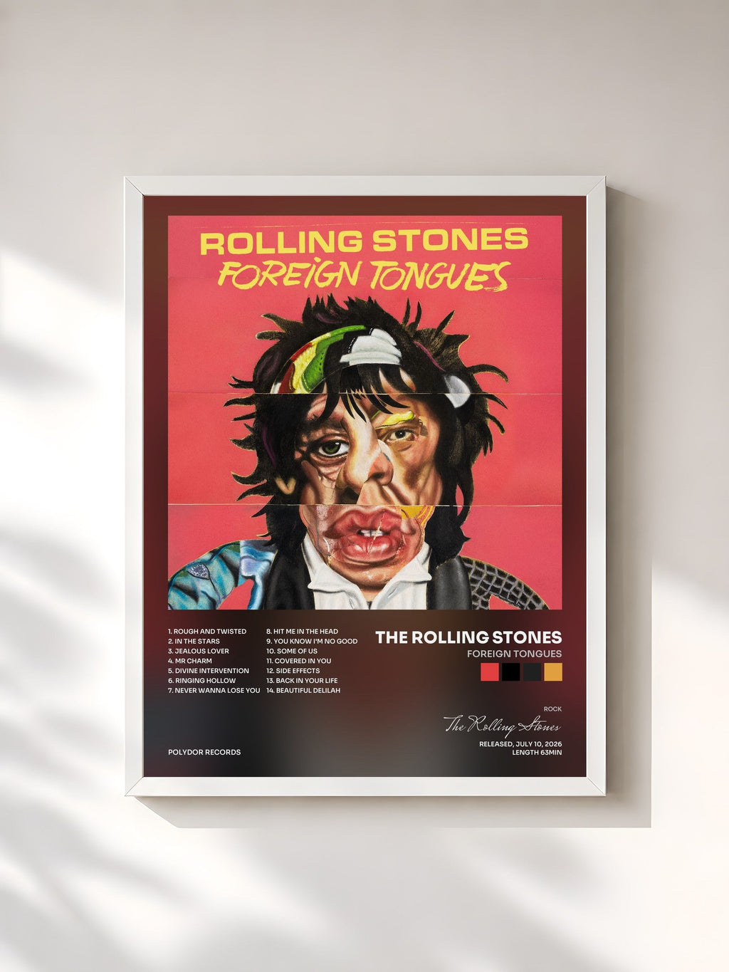 #blanc Tableau de l'album Foreign Tongues de The Rolling Stones, cadre blanc, imprimé et encadré en France