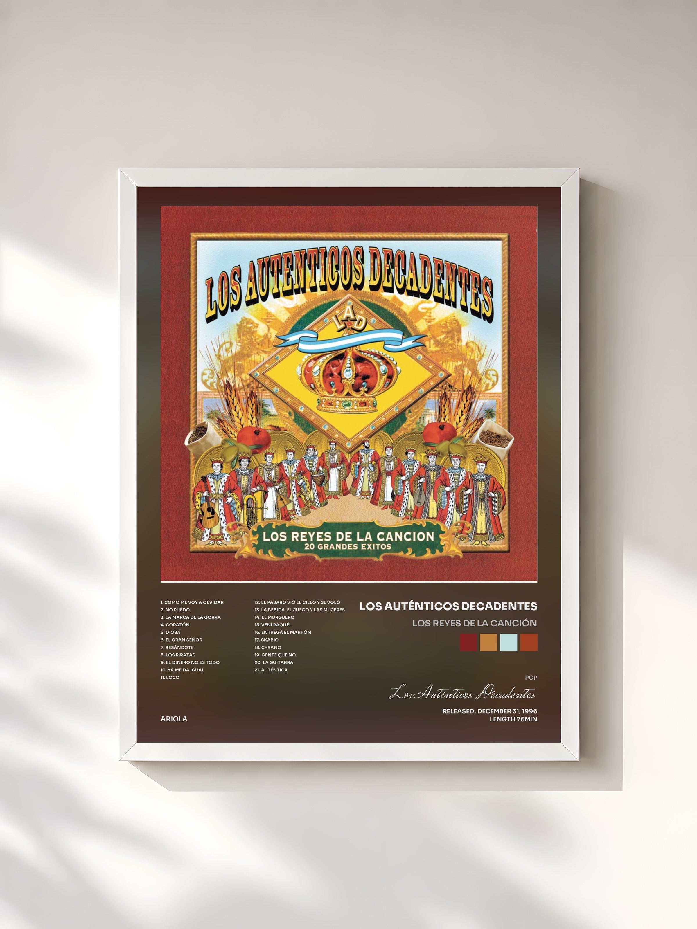 #blanc Tableau de l'album Los Reyes de la Canción de Los Auténticos Decadentes, cadre blanc, imprimé et encadré en France