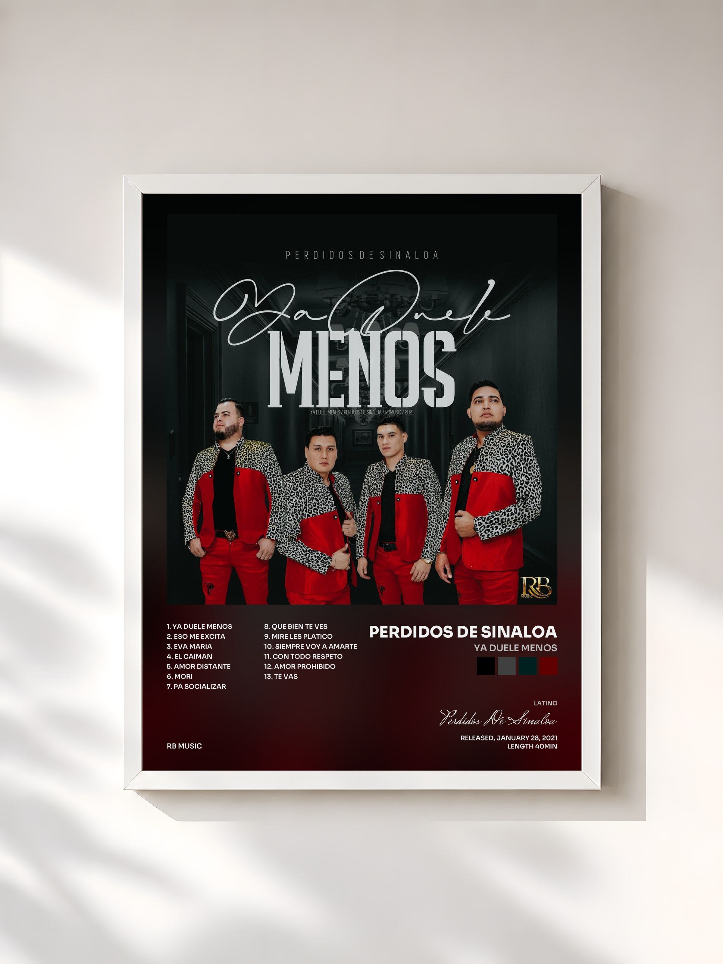 #blanc Tableau de l'album Ya Duele Menos de Perdidos De Sinaloa, cadre blanc, imprimé et encadré en France