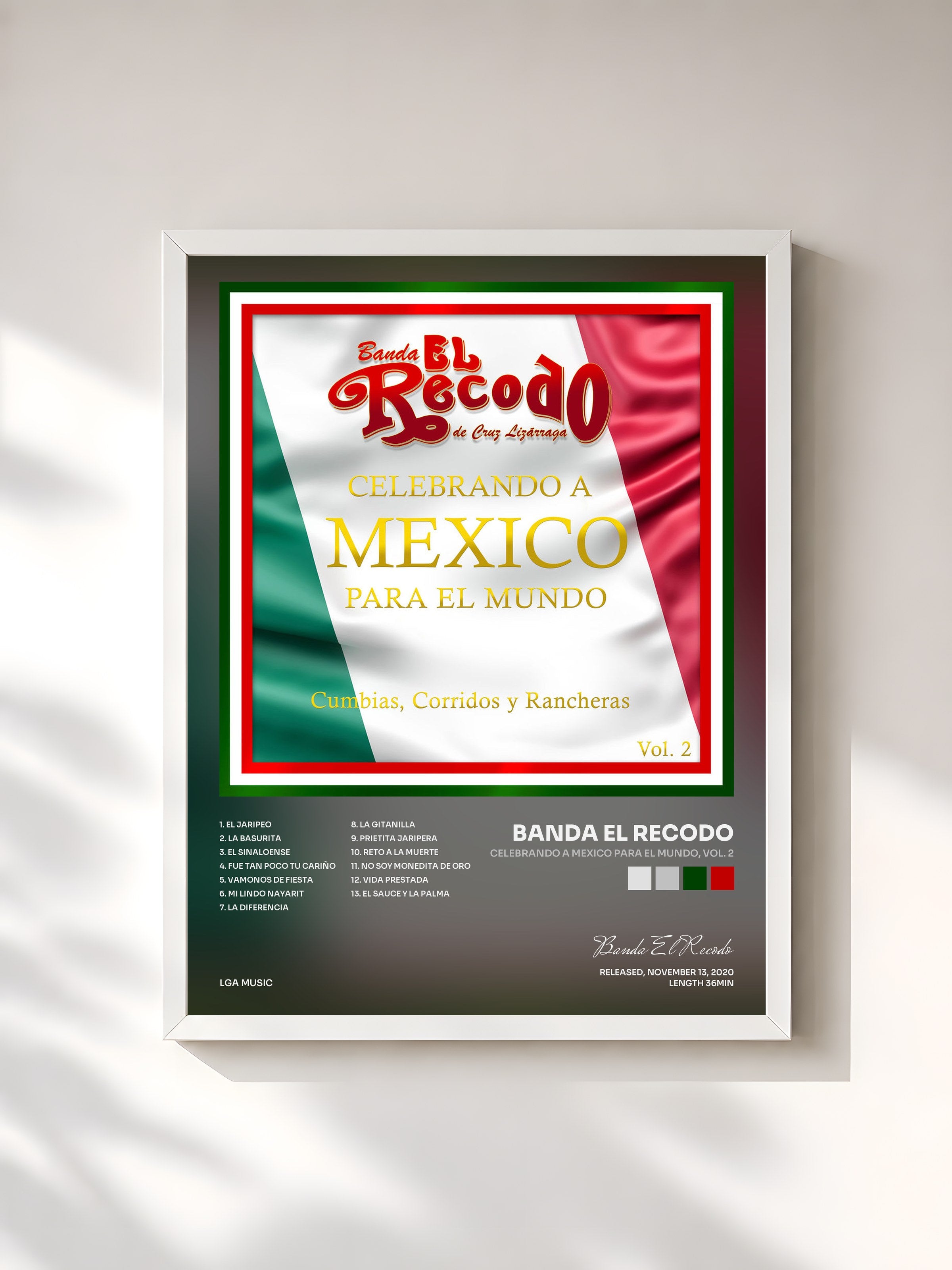 #blanc Tableau de l'album Celebrando a Mexico para el Mundo, Vol. 2 de Banda El Recodo, cadre blanc, imprimé et encadré en France