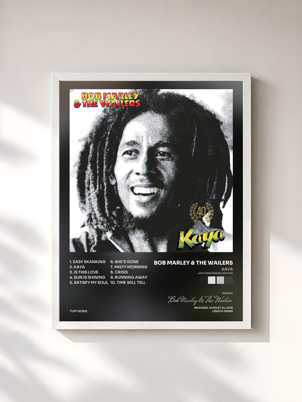 #blanc Tableau de l'album Kaya (40th Anniversary Edition) de Bob Marley & The Wailers, cadre blanc, imprimé et encadré en France