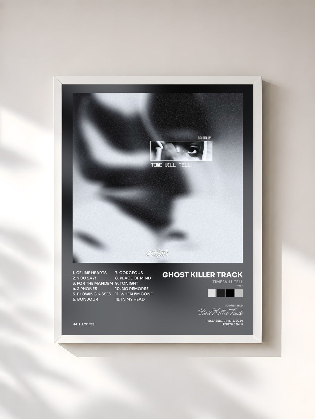 #blanc Time Will Tell (T.W.T) von Ghost Killer Track als gerahmter Kunstdruck, weißer Rahmen, gedruckt und gerahmt in Frankreich