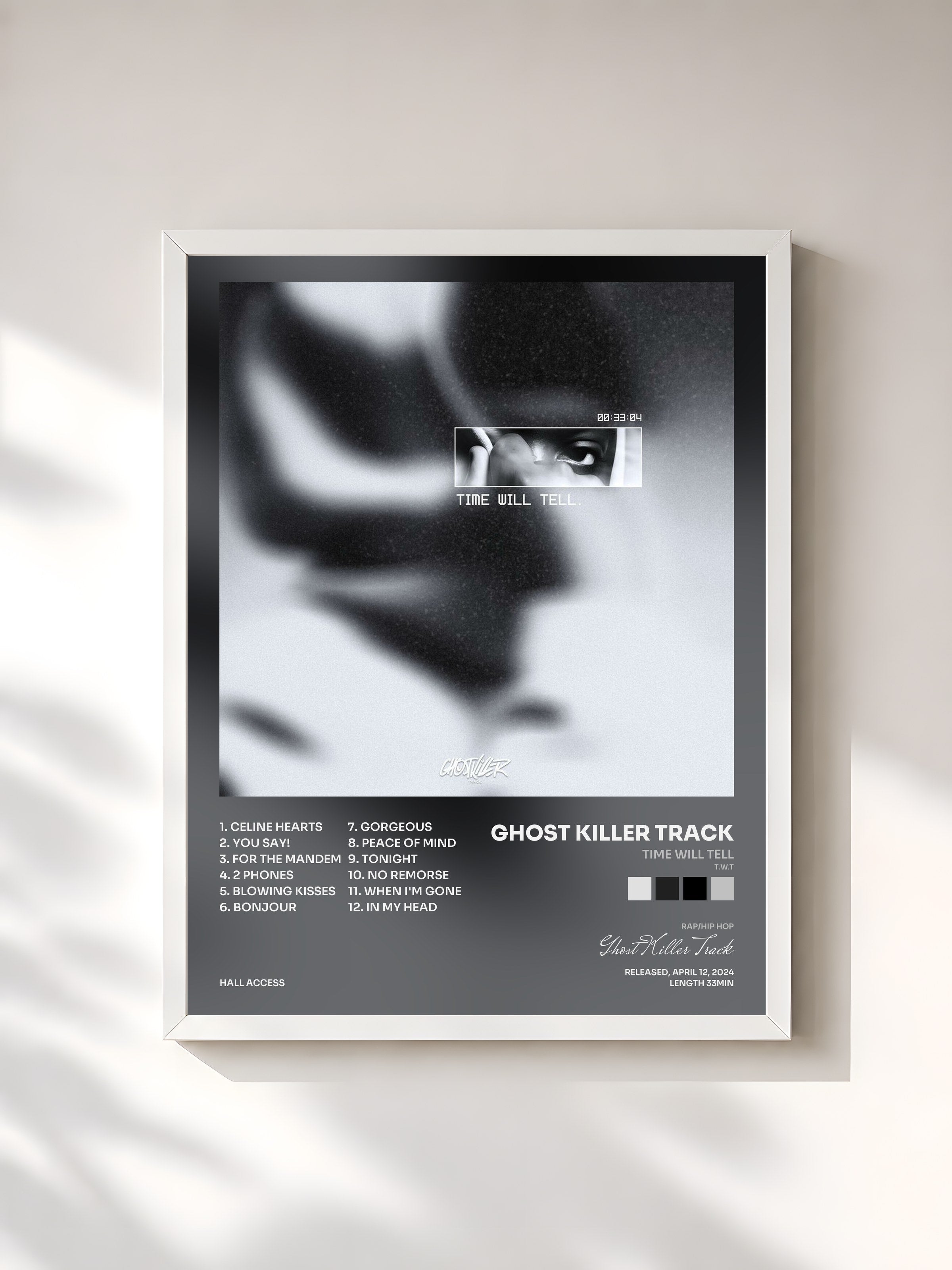 #blanc Tableau de l'album Time Will Tell (T.W.T) de Ghost Killer Track, cadre blanc, imprimé et encadré en France