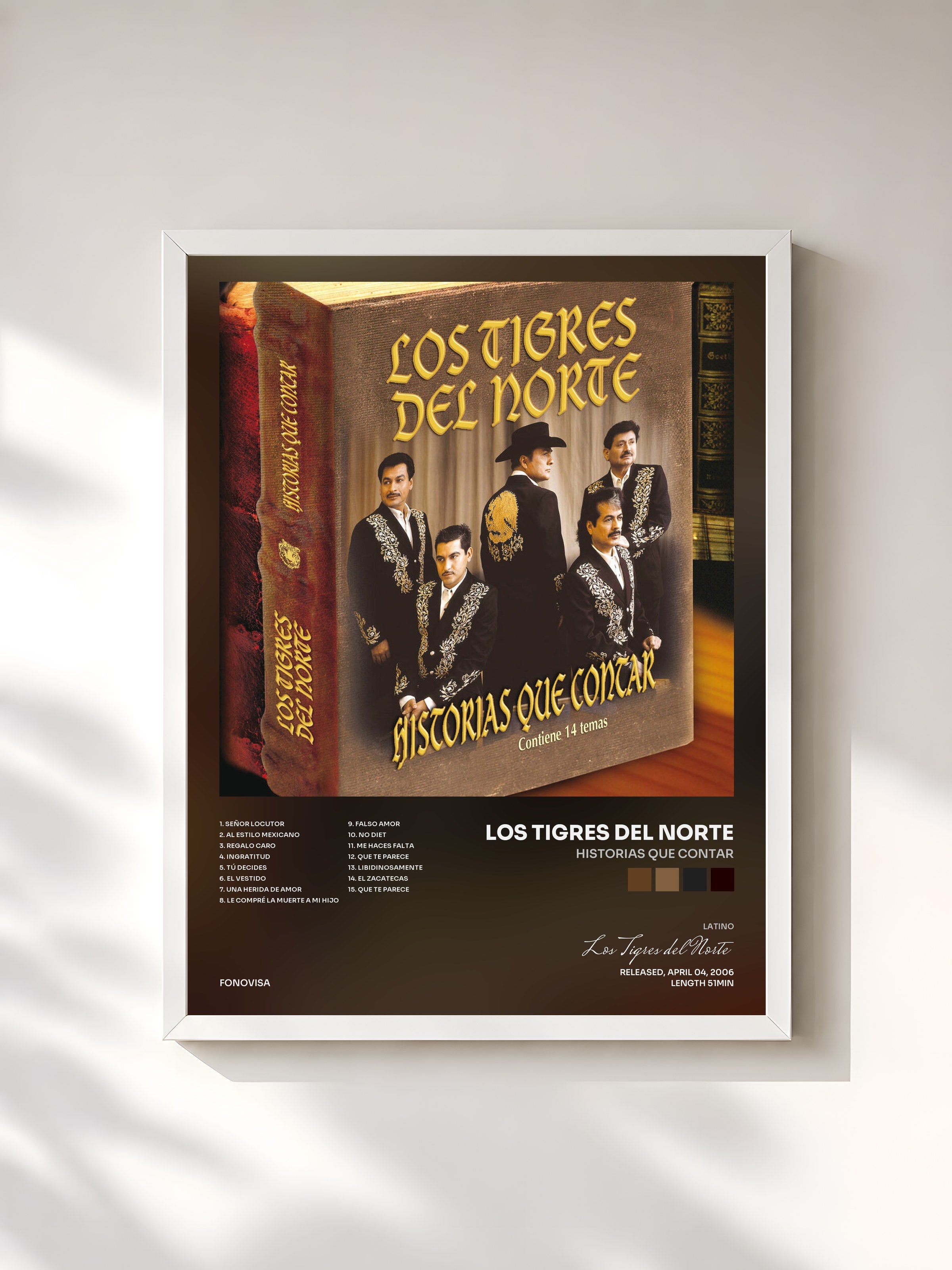 #blanc Tableau de l'album Historias Que Contar de Los Tigres del Norte, cadre blanc, imprimé et encadré en France