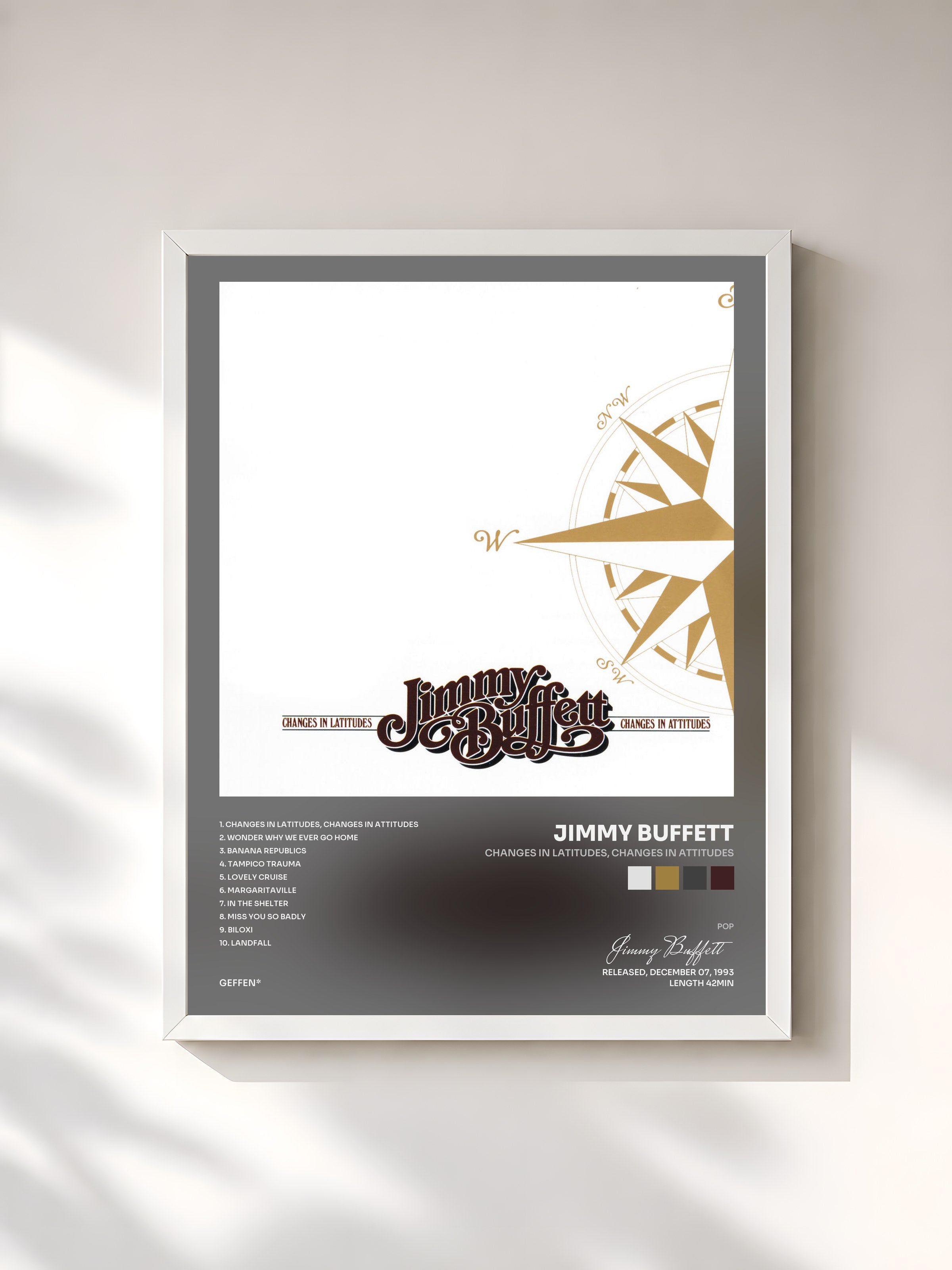 #blanc Tableau de l'album Changes In Latitudes, Changes In Attitudes de Jimmy Buffett, cadre blanc, imprimé et encadré en France