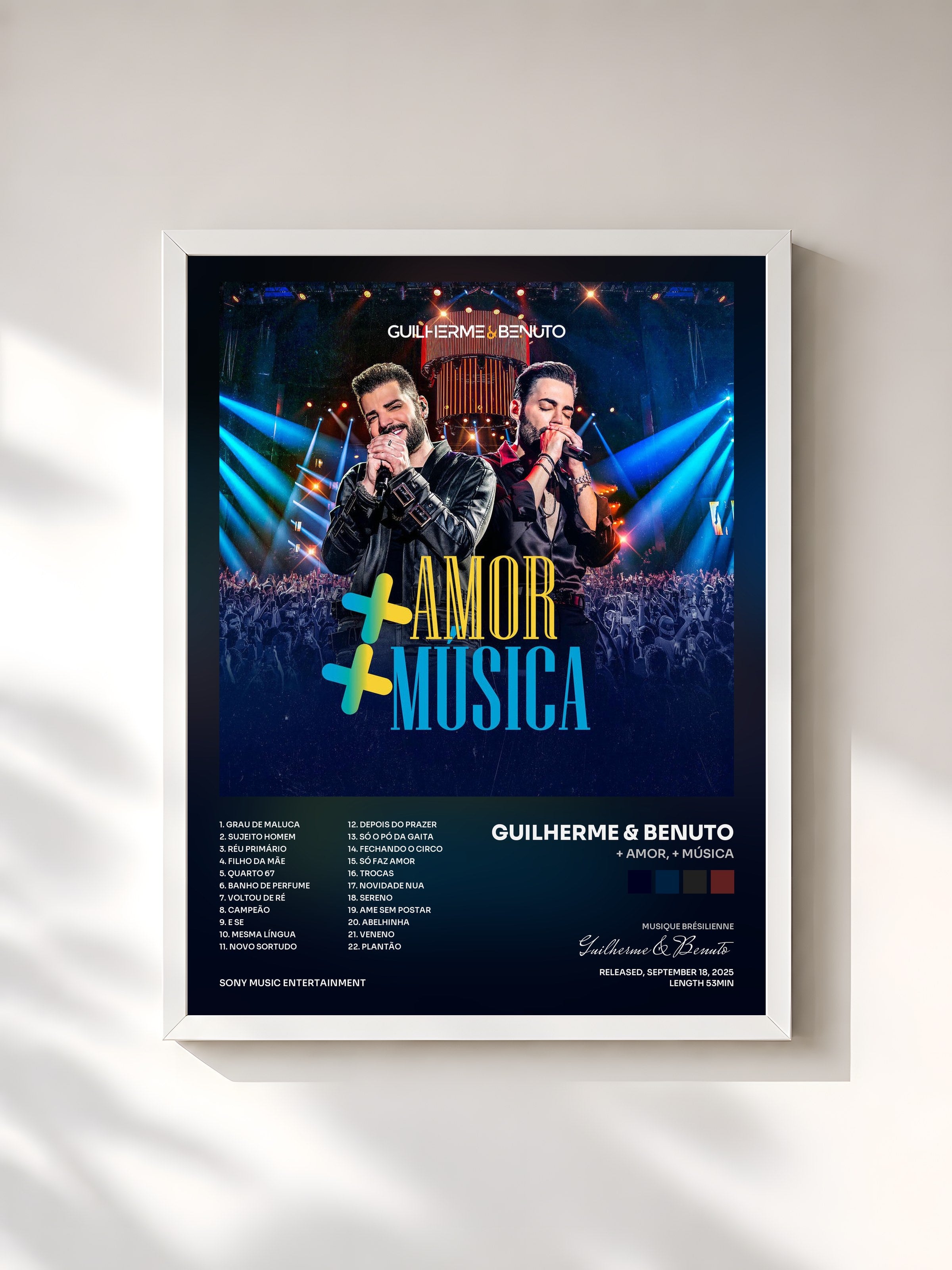#blanc Tableau de l'album + Amor, + Música de Guilherme & Benuto, cadre blanc, imprimé et encadré en France
