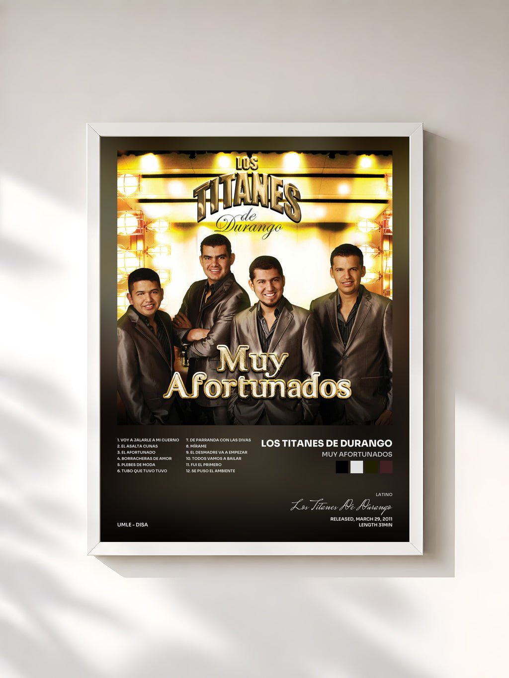 #blanc Muy Afortunados by Los Titanes De Durango as a framed art print, white frame, printed and framed in France