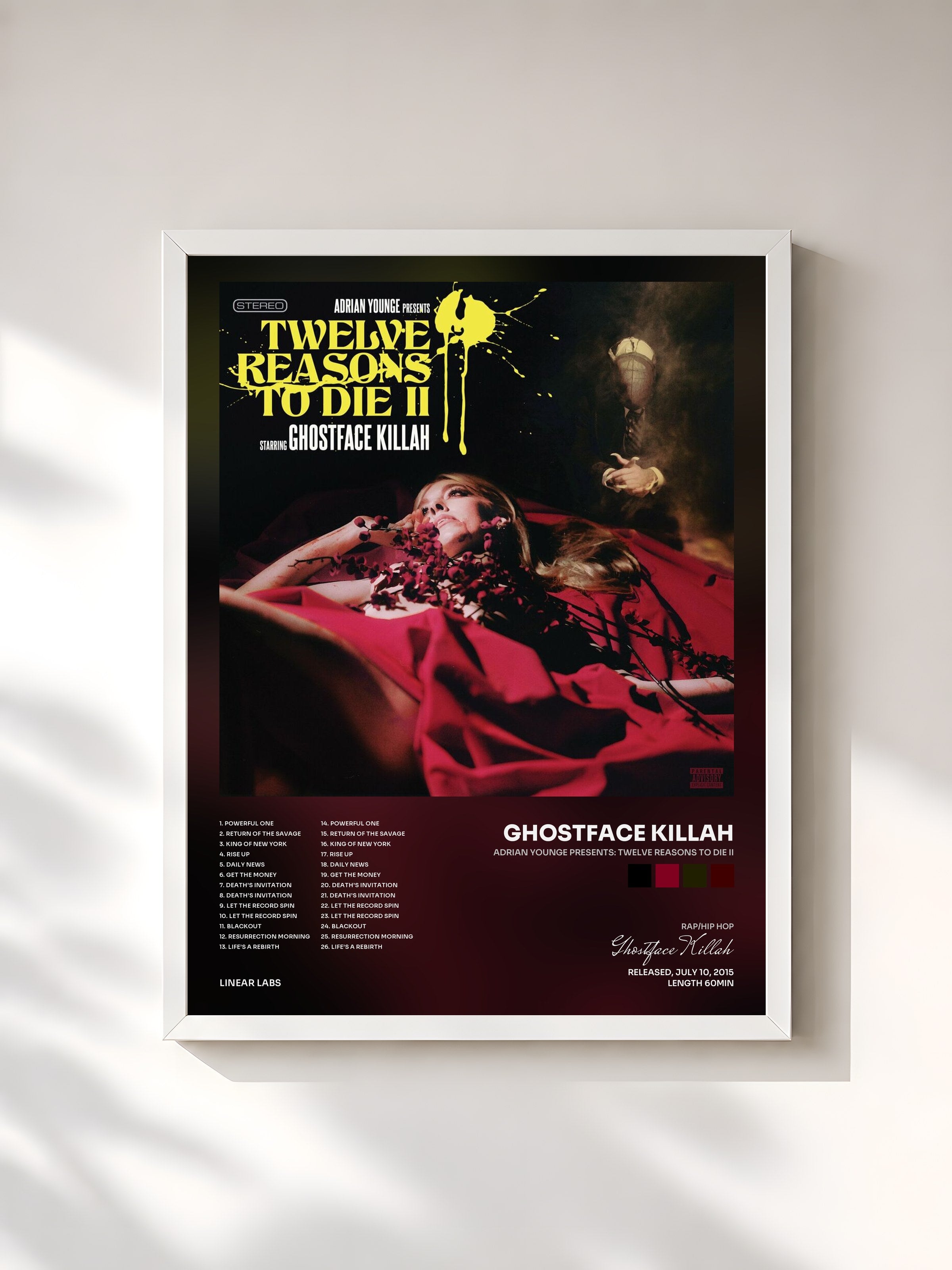 #blanc Tableau de l'album Adrian Younge Presents: Twelve Reasons To Die II de Ghostface Killah, cadre blanc, imprimé et encadré en France