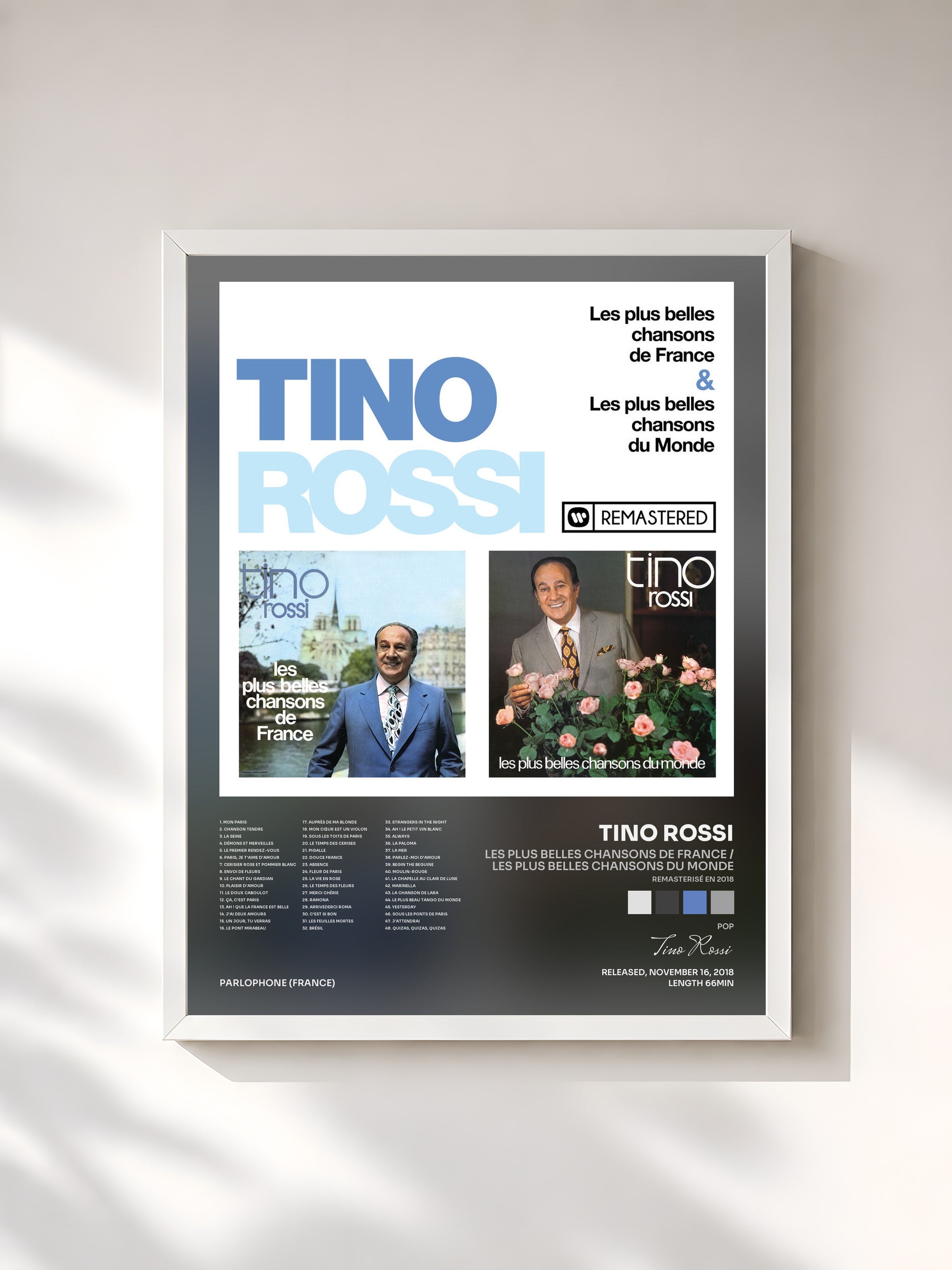 #blanc Tableau de l'album Les plus belles chansons de France / Les plus belles chansons du Monde (Remasterisé en 2018) de Tino Rossi, cadre blanc, imprimé et encadré en France