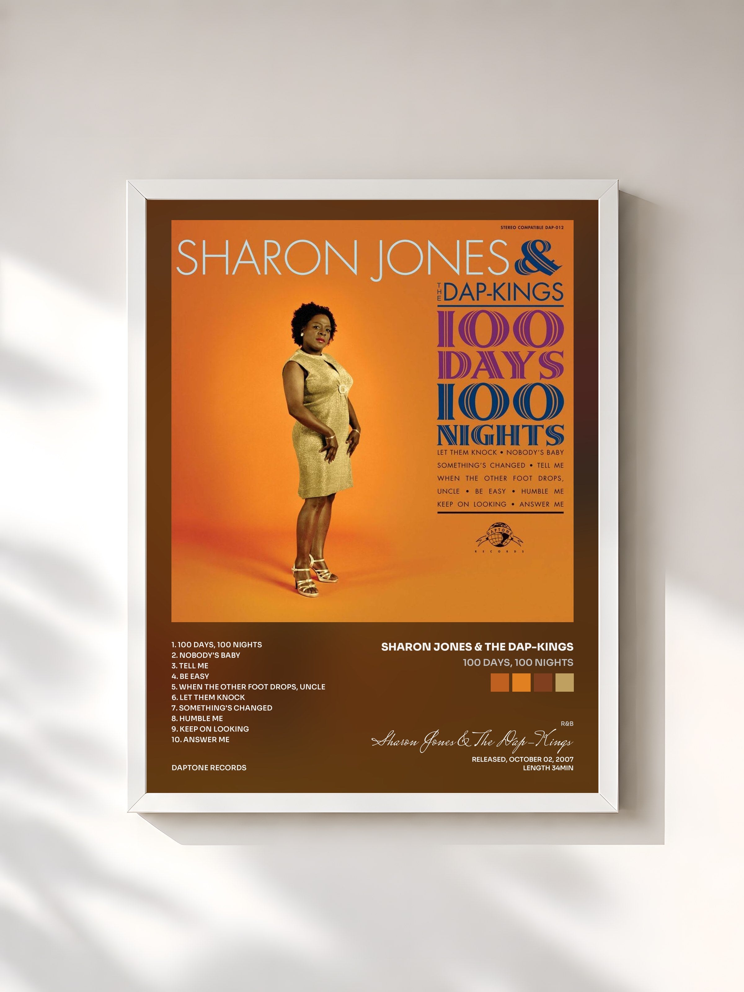 #blanc Tableau de l'album 100 Days, 100 Nights de Sharon Jones & The Dap-Kings, cadre blanc, imprimé et encadré en France