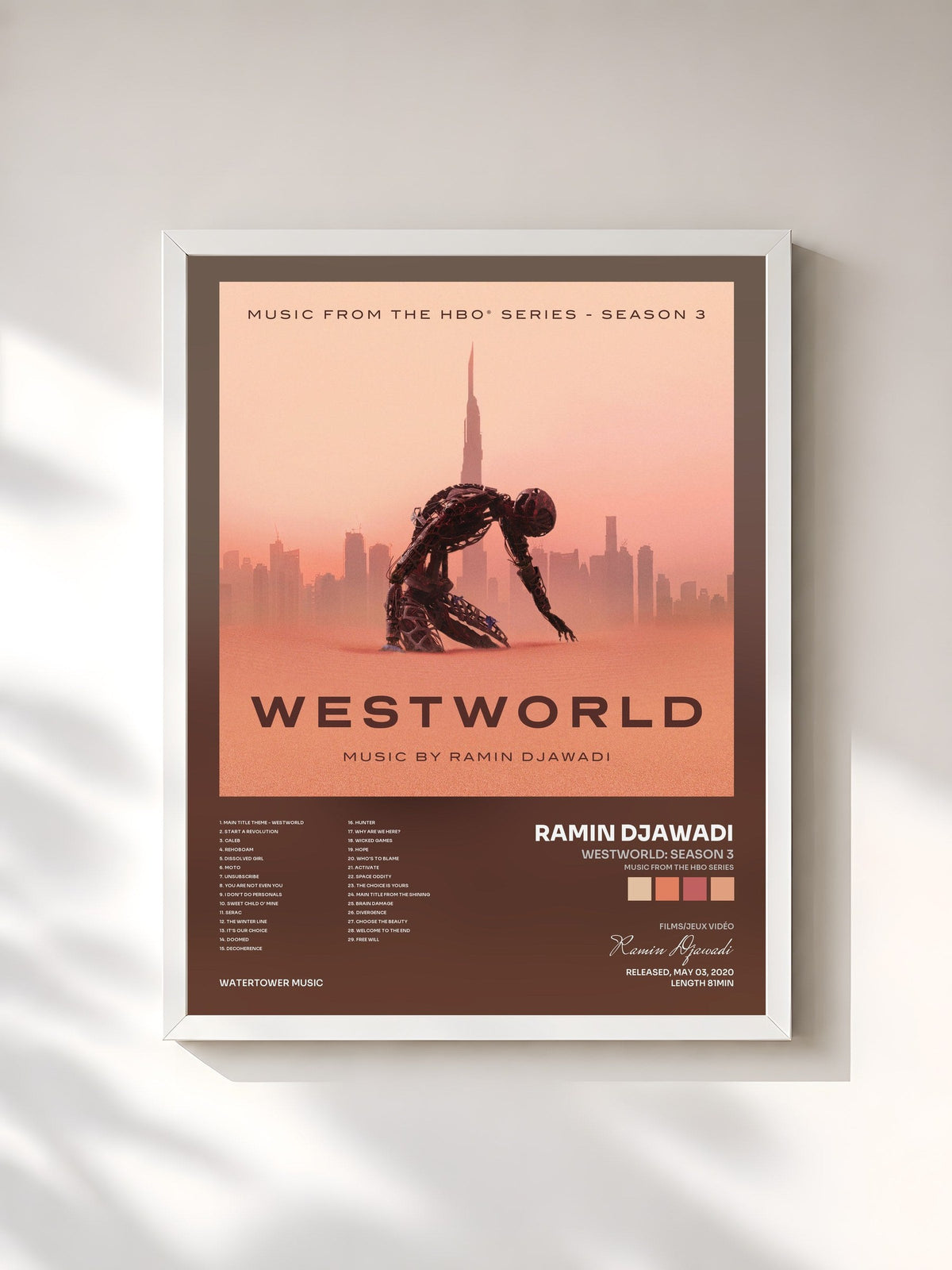 #blanc Tableau de l'album Westworld: Season 3 (Music From The HBO Series) de Ramin Djawadi, cadre blanc, imprimé et encadré en France