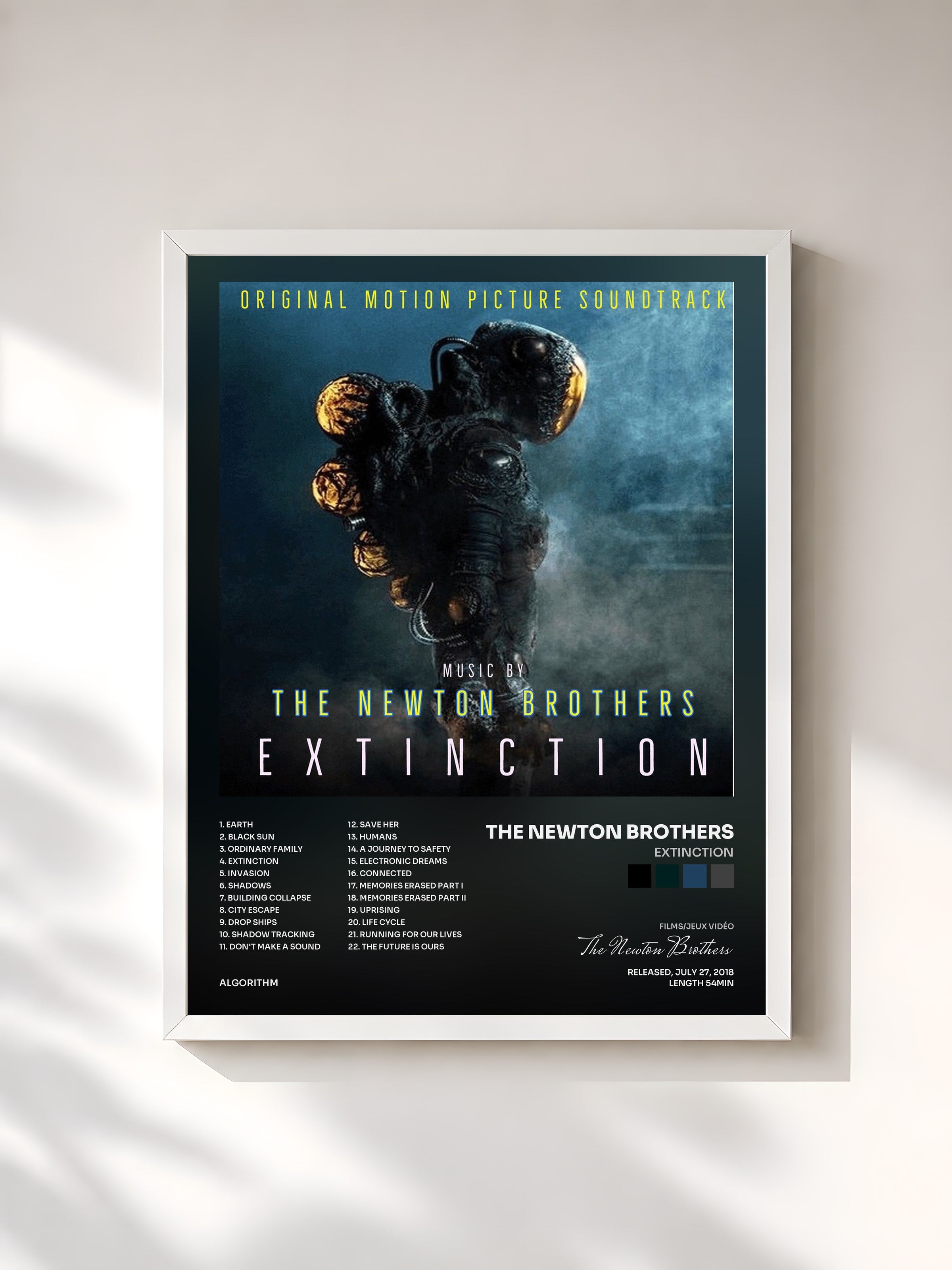 #blanc Tableau de l'album Extinction de The Newton Brothers, cadre blanc, imprimé et encadré en France