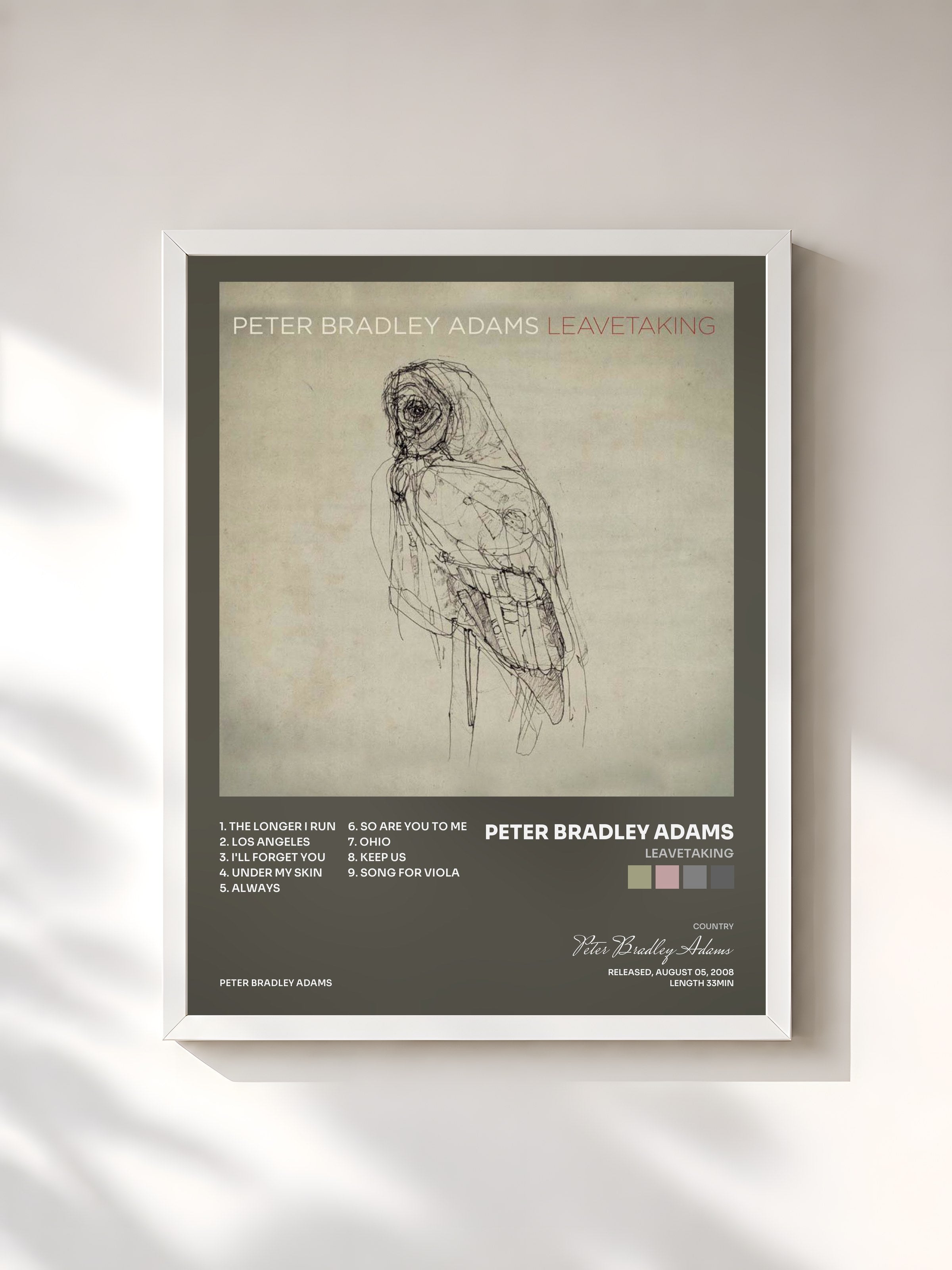 #blanc Tableau de l'album Leavetaking de Peter Bradley Adams, cadre blanc, imprimé et encadré en France