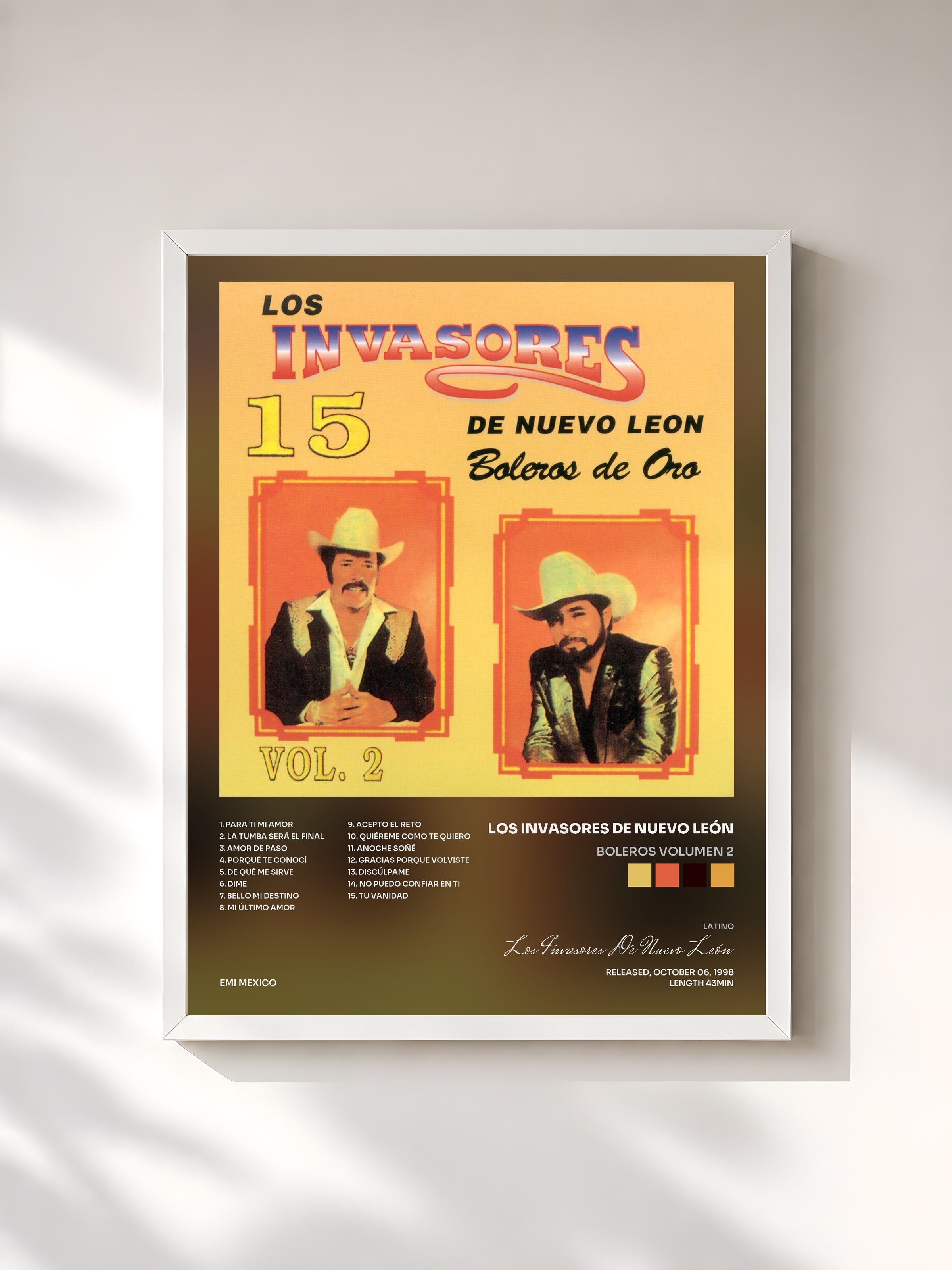 #blanc Tableau de l'album Boleros Volumen 2 de Los Invasores De Nuevo León, cadre blanc, imprimé et encadré en France