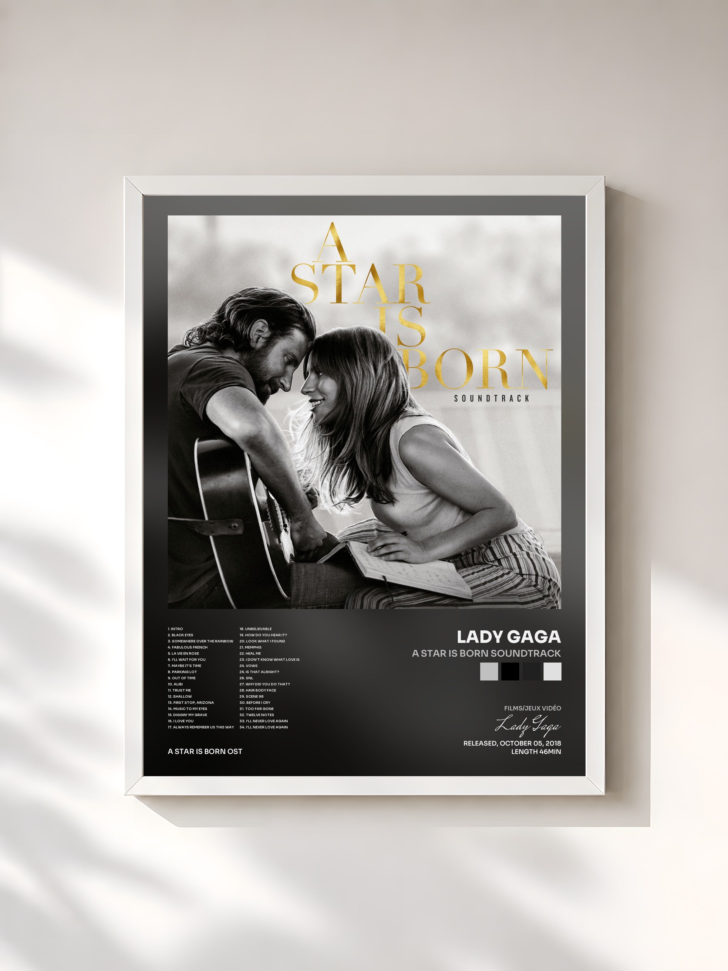 #blanc A Star Is Born Soundtrack di Lady Gaga in stampa incorniciata, cornice bianca, stampata e incorniciata in Francia