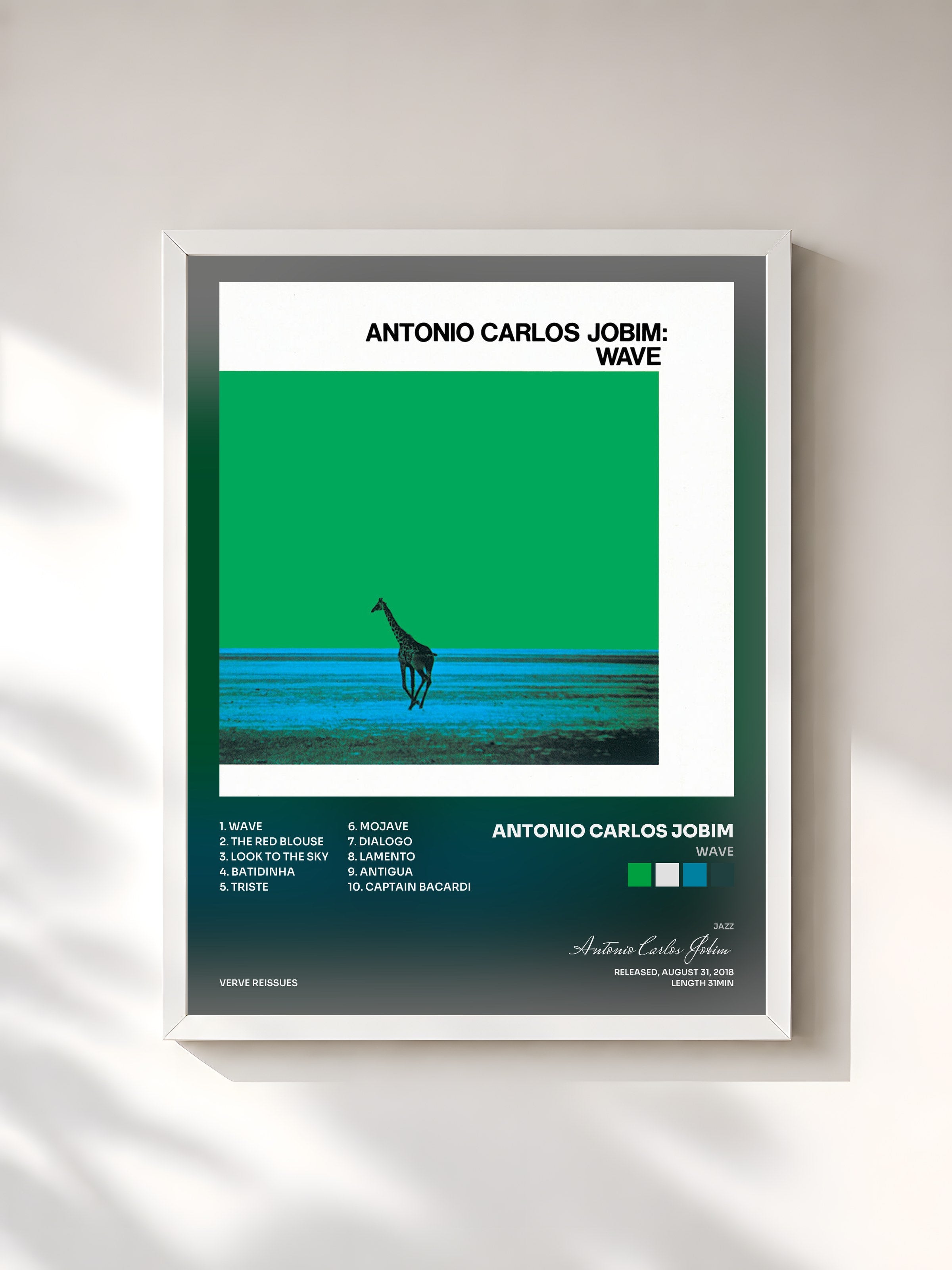 #blanc Tableau de l'album Wave de Antonio Carlos Jobim, cadre blanc, imprimé et encadré en France