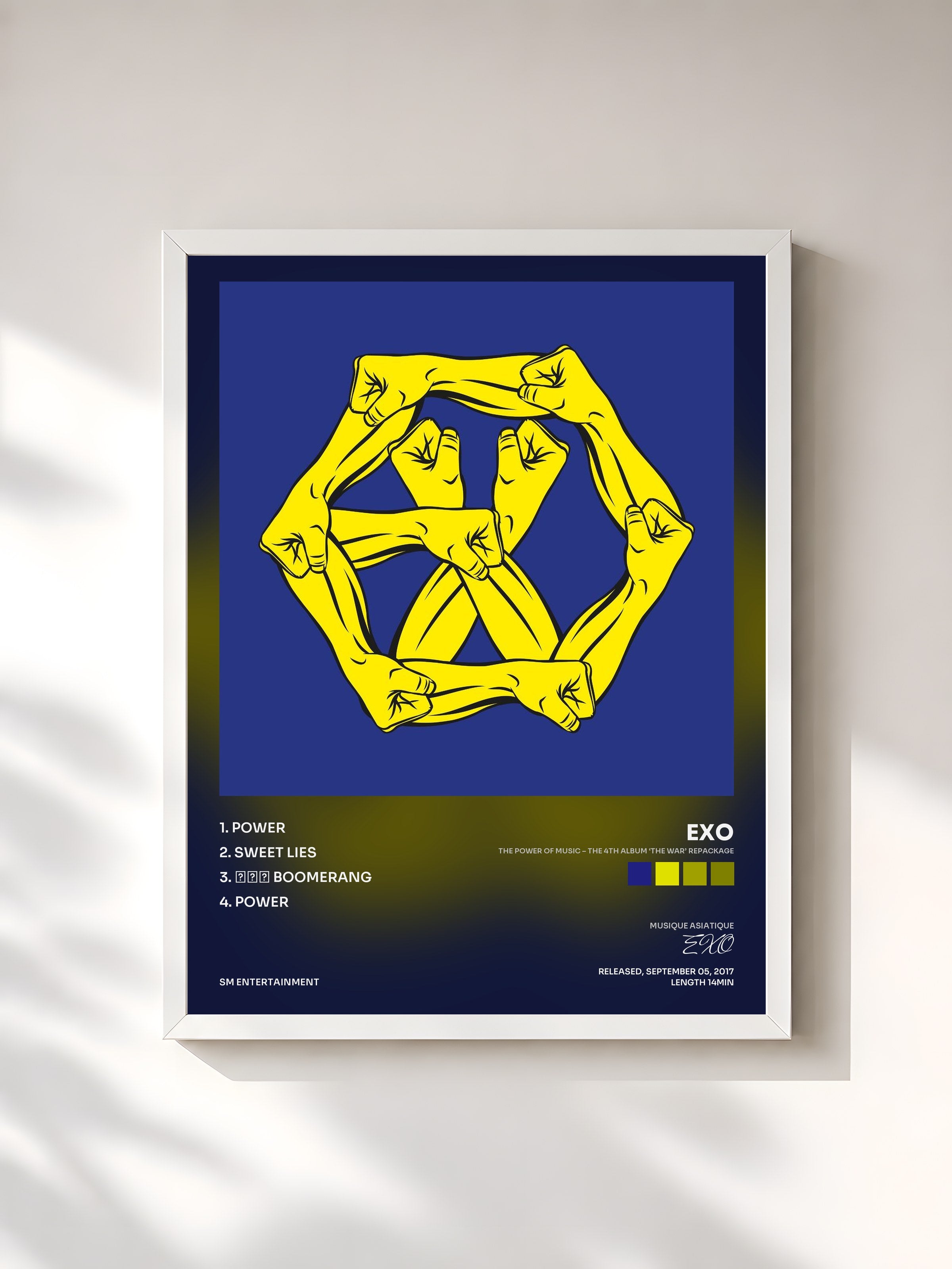 #blanc Tableau de l'album THE POWER OF MUSIC – The 4th Album ‘THE WAR’ Repackage de EXO, cadre blanc, imprimé et encadré en France