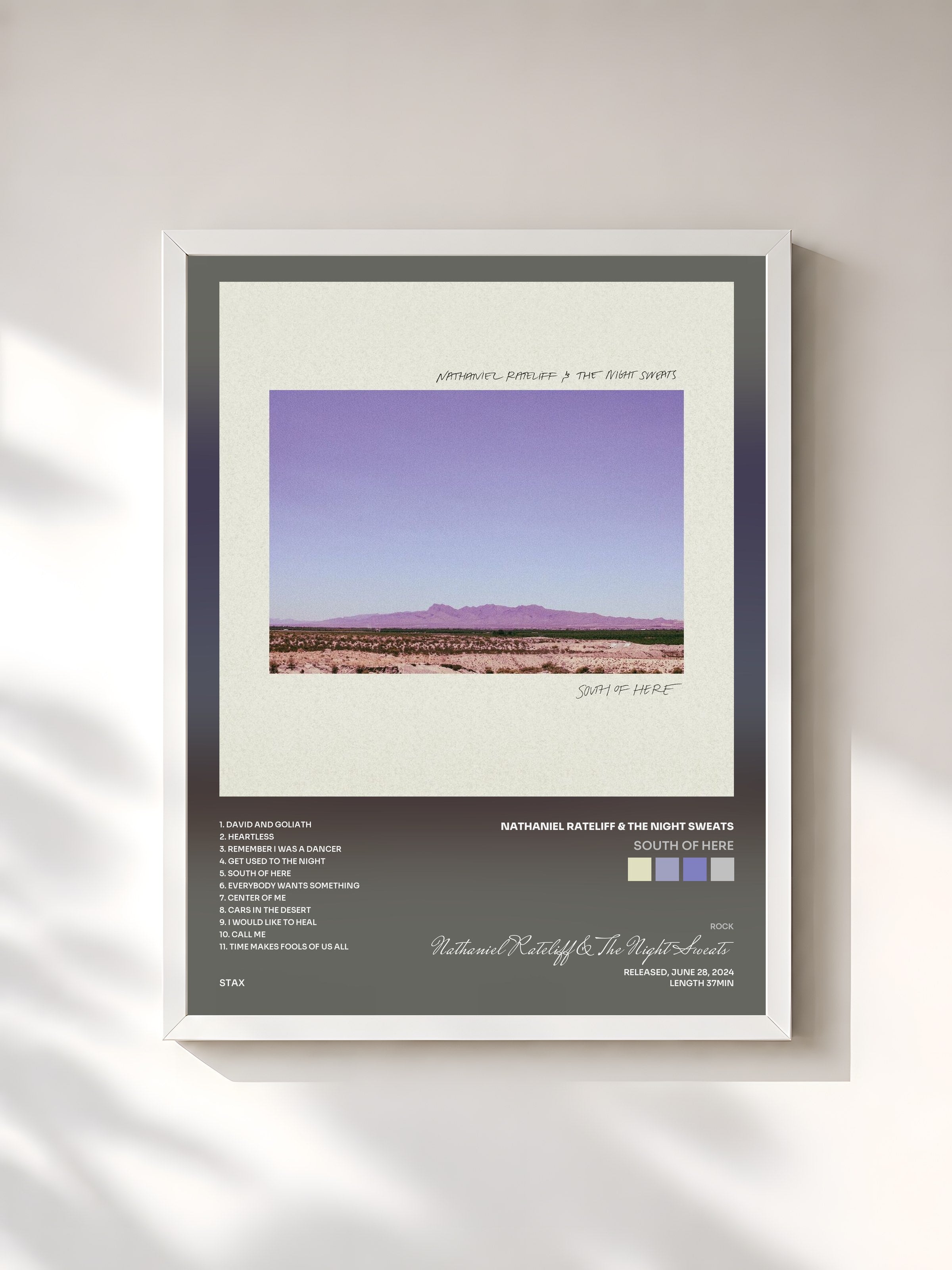 #blanc Tableau de l'album South of Here de Nathaniel Rateliff & The Night Sweats, cadre blanc, imprimé et encadré en France