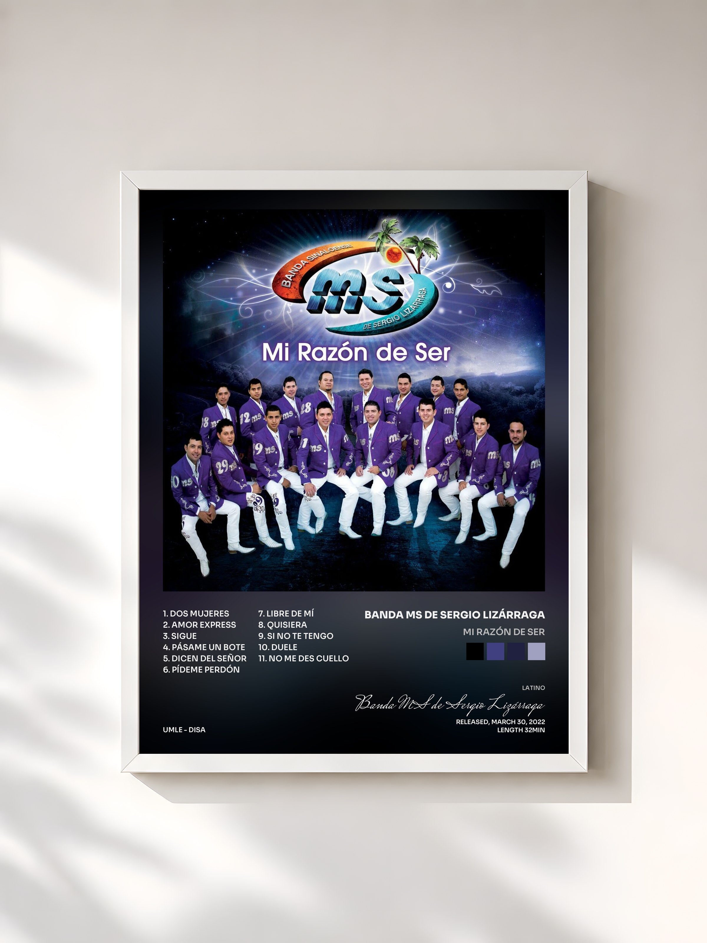 #blanc Tableau de l'album Mi Razón De Ser de Banda MS de Sergio Lizárraga, cadre blanc, imprimé et encadré en France