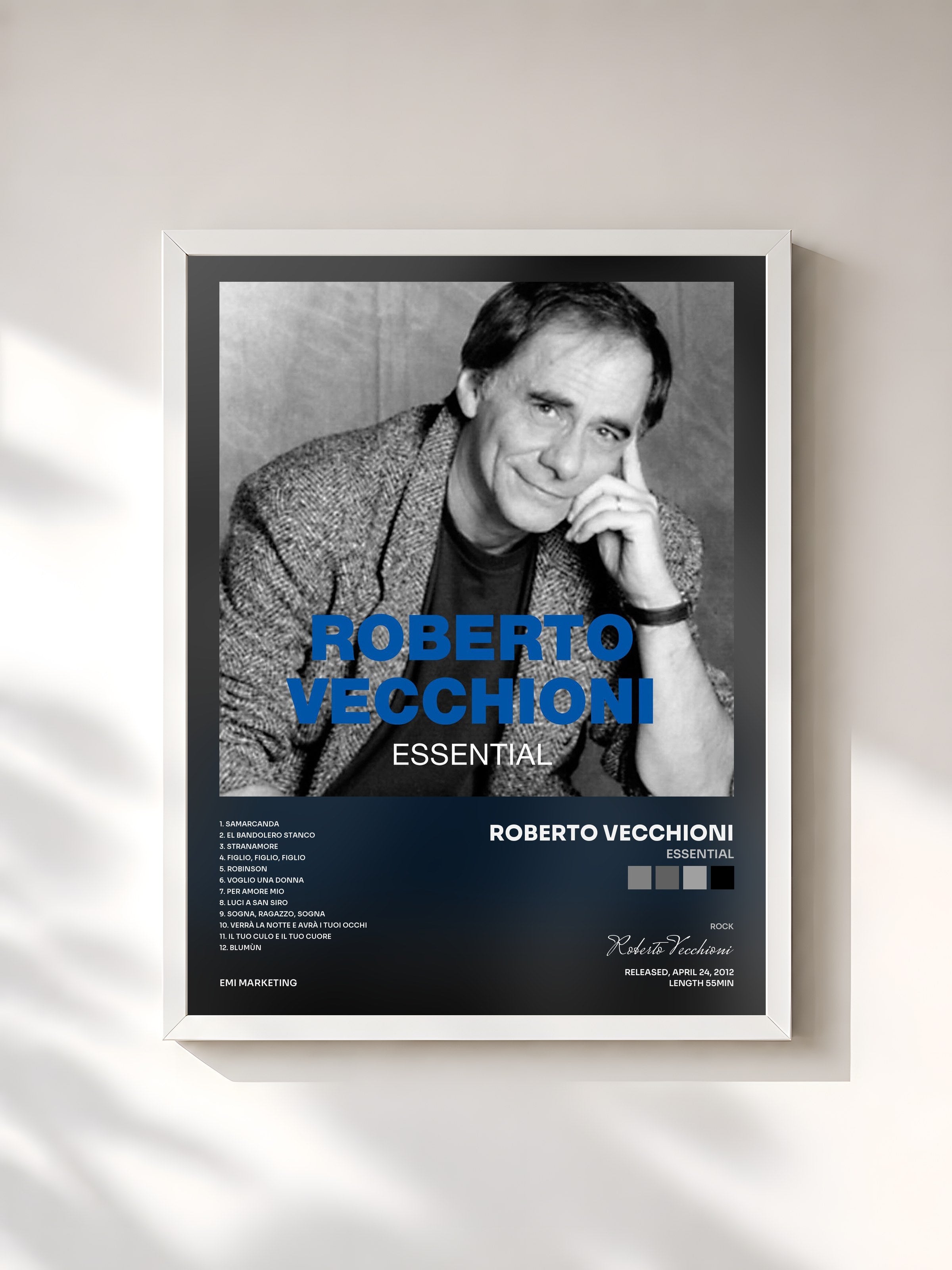 #blanc Tableau de l'album Essential de Roberto Vecchioni, cadre blanc, imprimé et encadré en France