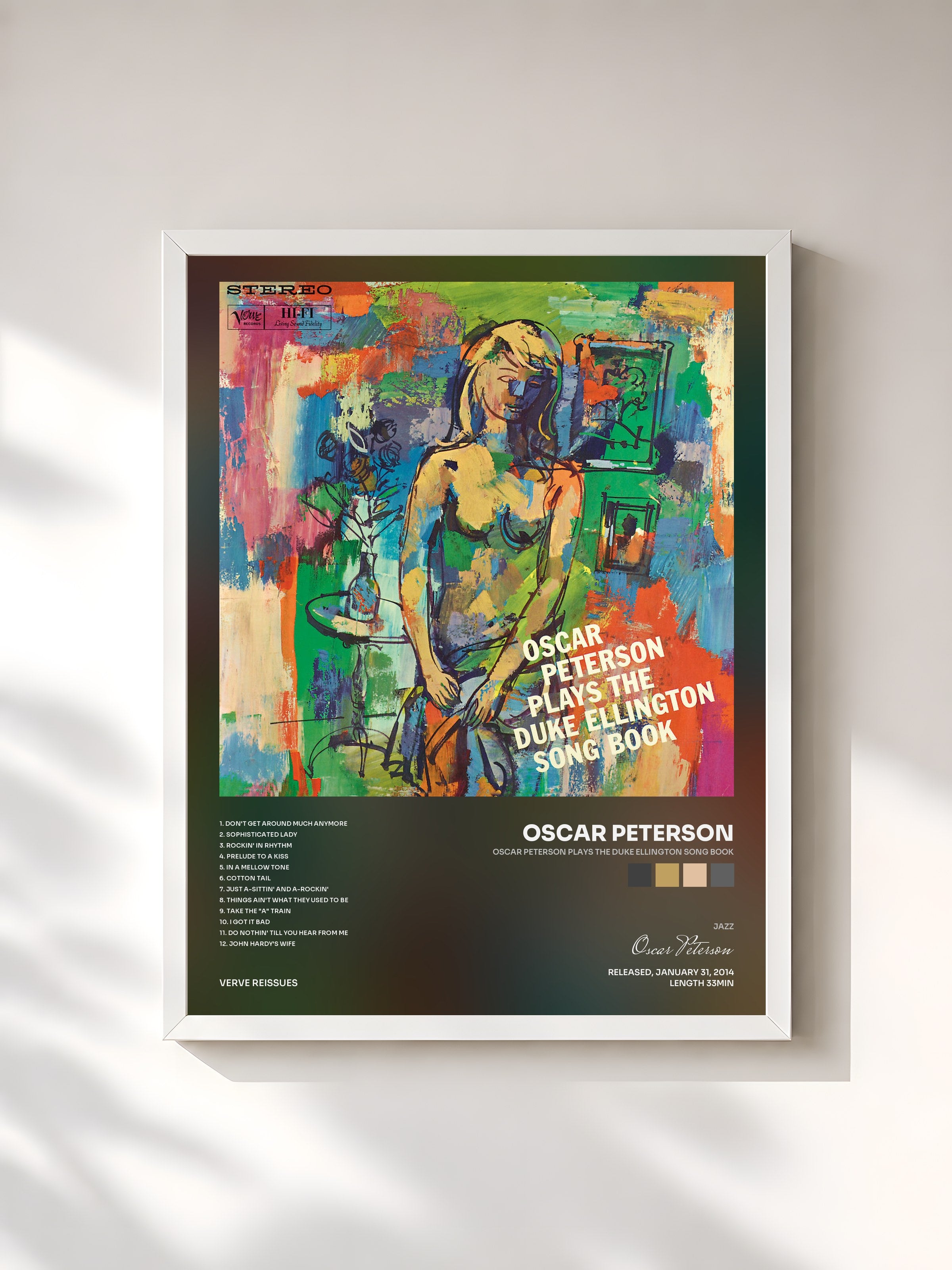 #blanc Tableau de l'album Oscar Peterson Plays The Duke Ellington Song Book de Oscar Peterson, cadre blanc, imprimé et encadré en France