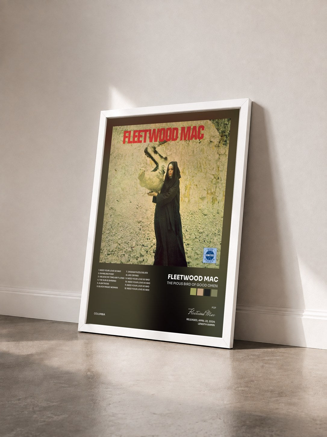 #blanc The Pious Bird Of Good Omen by Fleetwood Mac as a framed art print seen at an angle, white frame