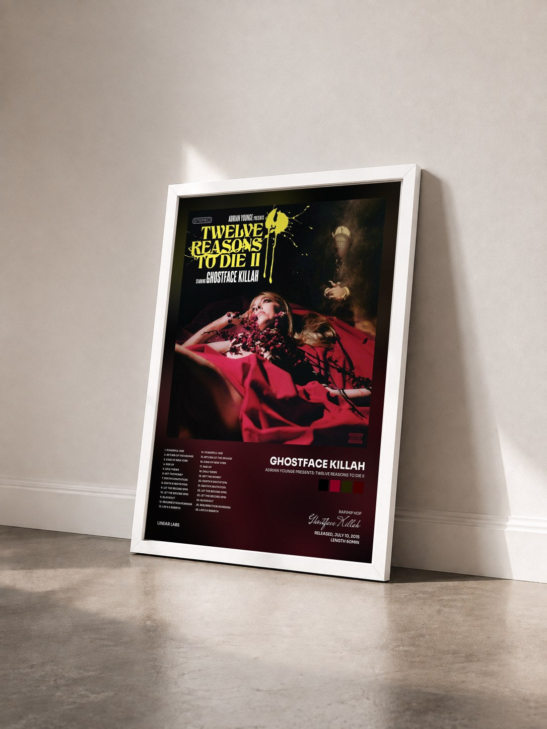 #blanc Tableau de l'album Adrian Younge Presents: Twelve Reasons To Die II de Ghostface Killah vu de trois quarts, cadre blanc