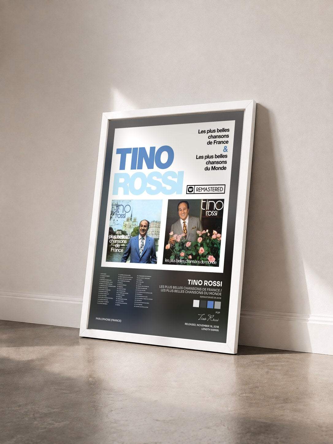 #blanc Tableau de l'album Les plus belles chansons de France / Les plus belles chansons du Monde (Remasterisé en 2018) de Tino Rossi vu de trois quarts, cadre blanc