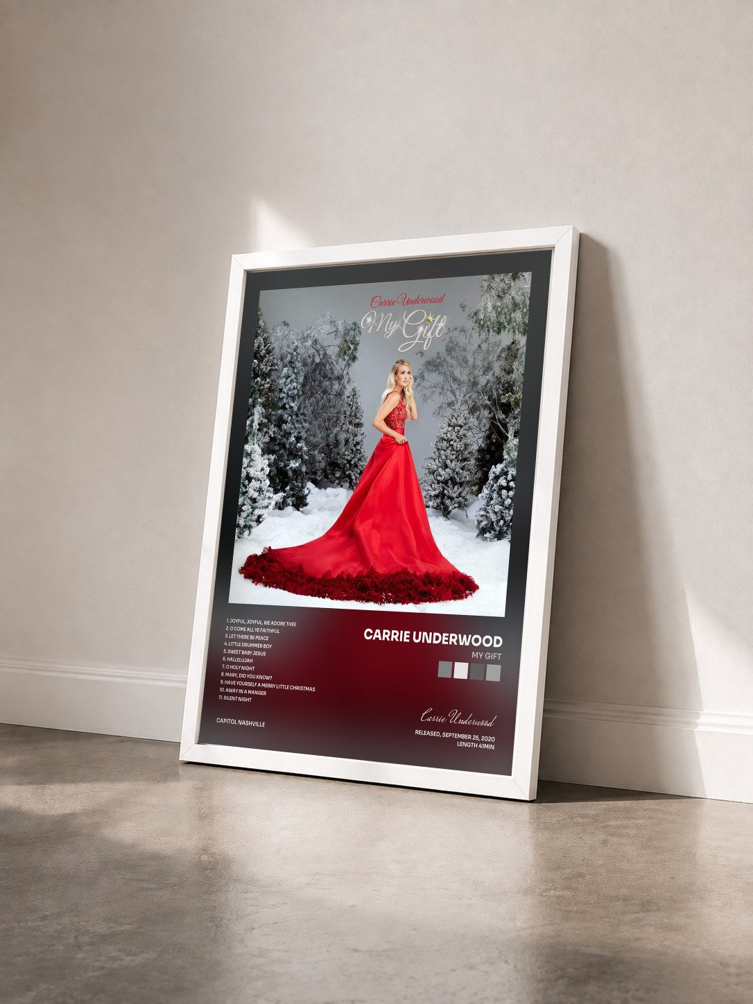 #blanc Tableau de l'album My Gift de Carrie Underwood vu de trois quarts, cadre blanc