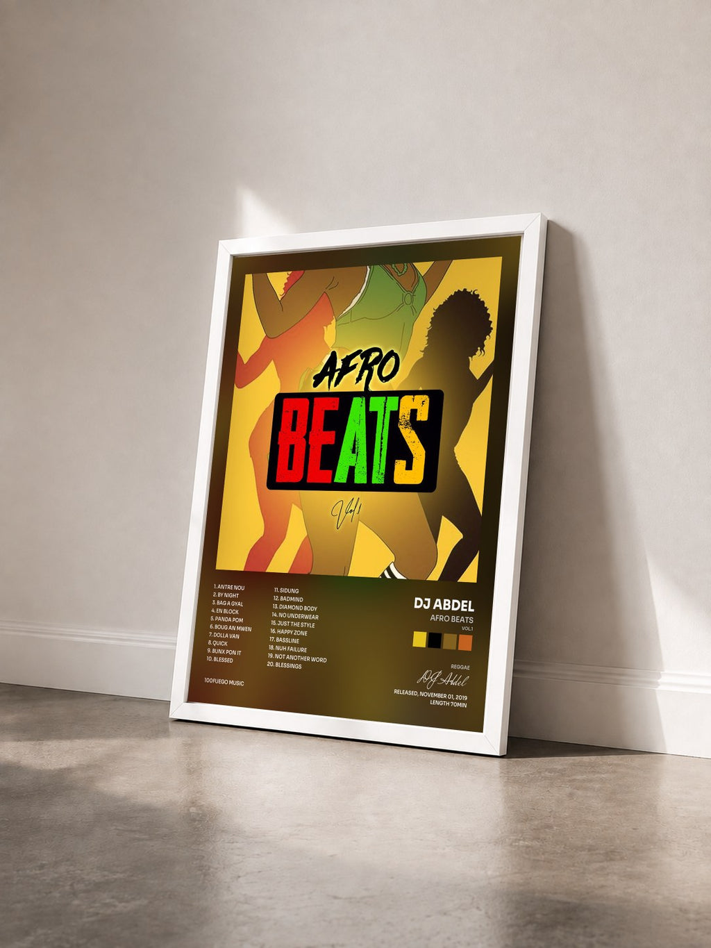 #blanc Afro Beats (Vol.1) de DJ Abdel en lámina enmarcada vista de tres cuartos, marco blanco