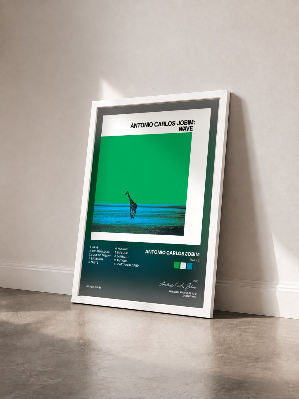 #blanc Tableau de l'album Wave de Antonio Carlos Jobim vu de trois quarts, cadre blanc