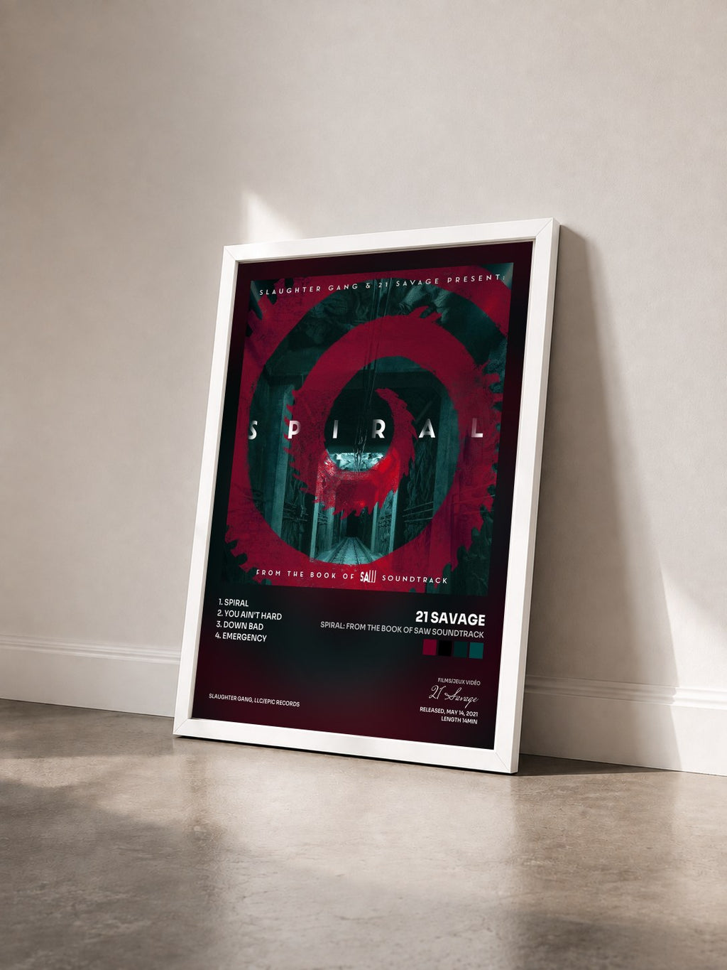 #blanc Spiral: From The Book of Saw Soundtrack de 21 Savage en lámina enmarcada vista de tres cuartos, marco blanco