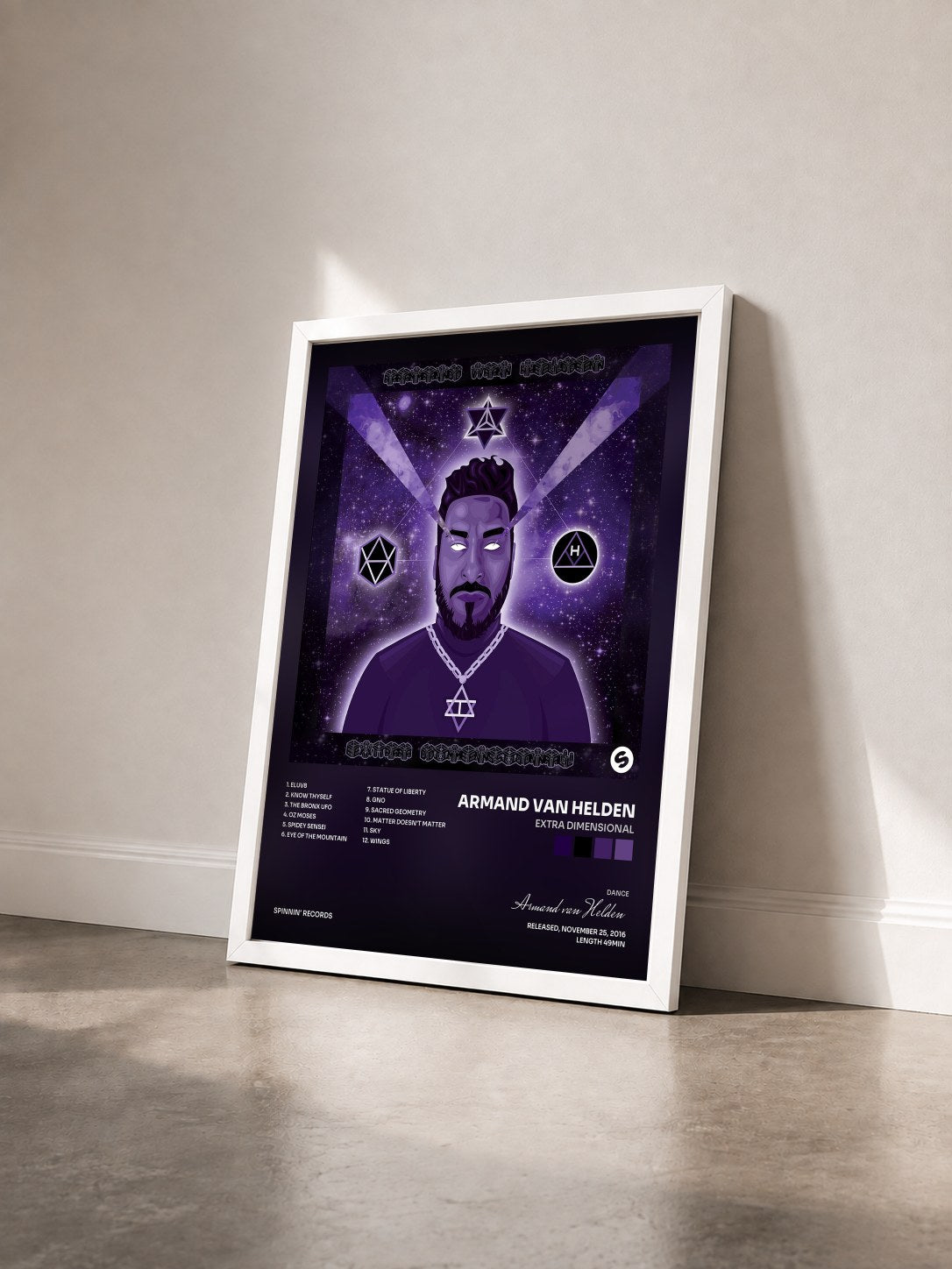 #blanc Tableau de l'album Extra Dimensional de Armand van Helden vu de trois quarts, cadre blanc