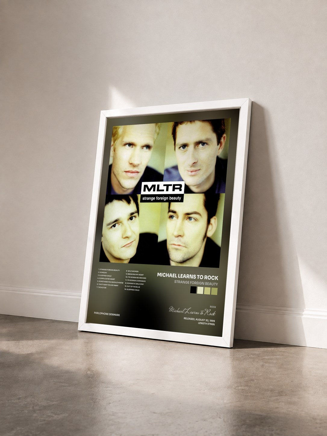 #blanc Tableau de l'album Strange Foreign Beauty de Michael Learns to Rock vu de trois quarts, cadre blanc