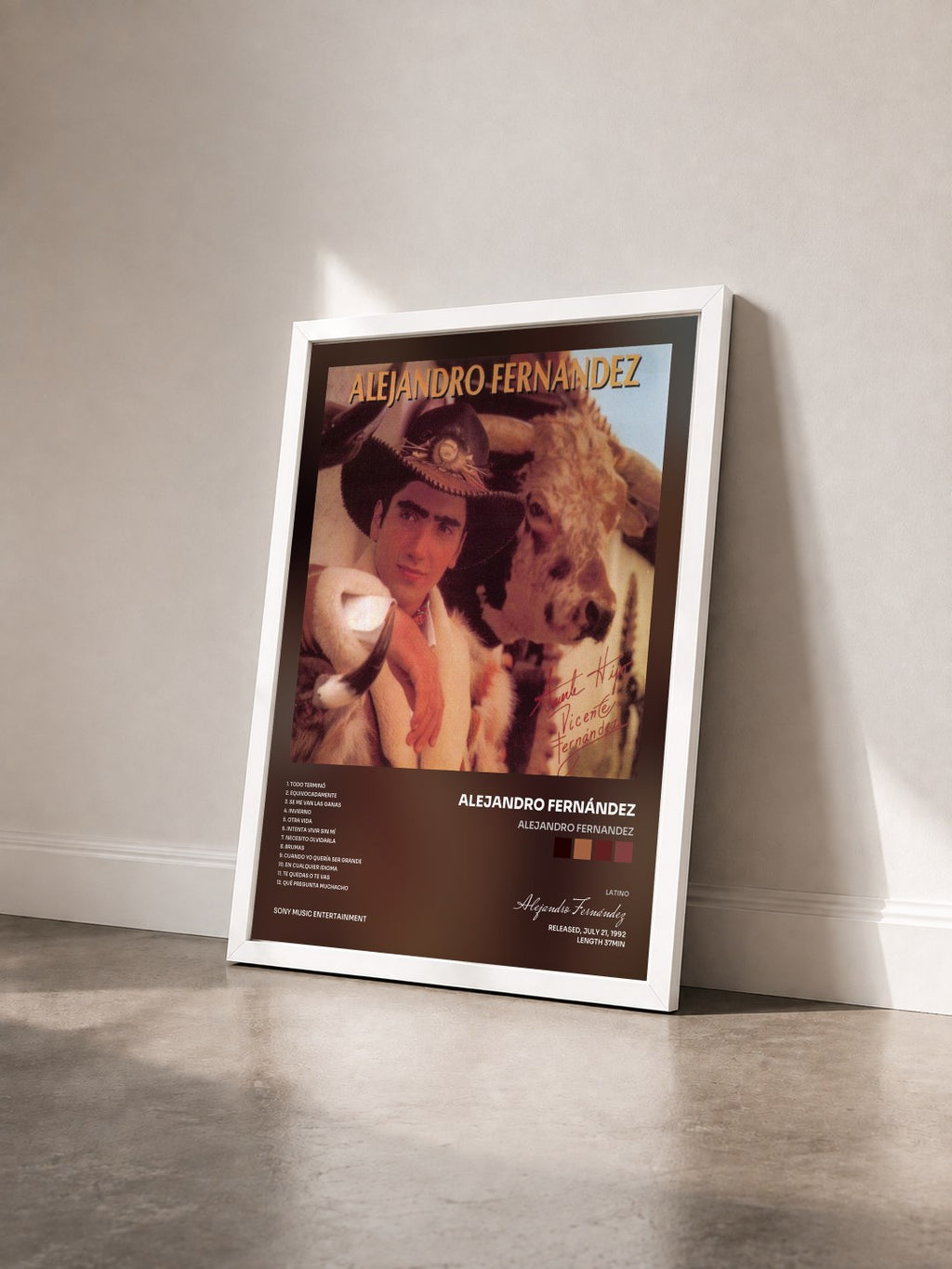 #blanc Tableau de l'album ALEJANDRO FERNANDEZ de Alejandro Fernández vu de trois quarts, cadre blanc