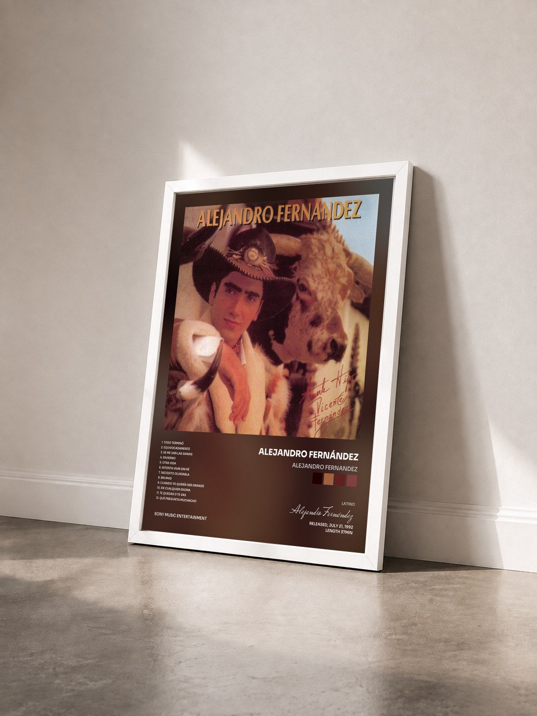 #blanc Tableau de l'album ALEJANDRO FERNANDEZ de Alejandro Fernández vu de trois quarts, cadre blanc