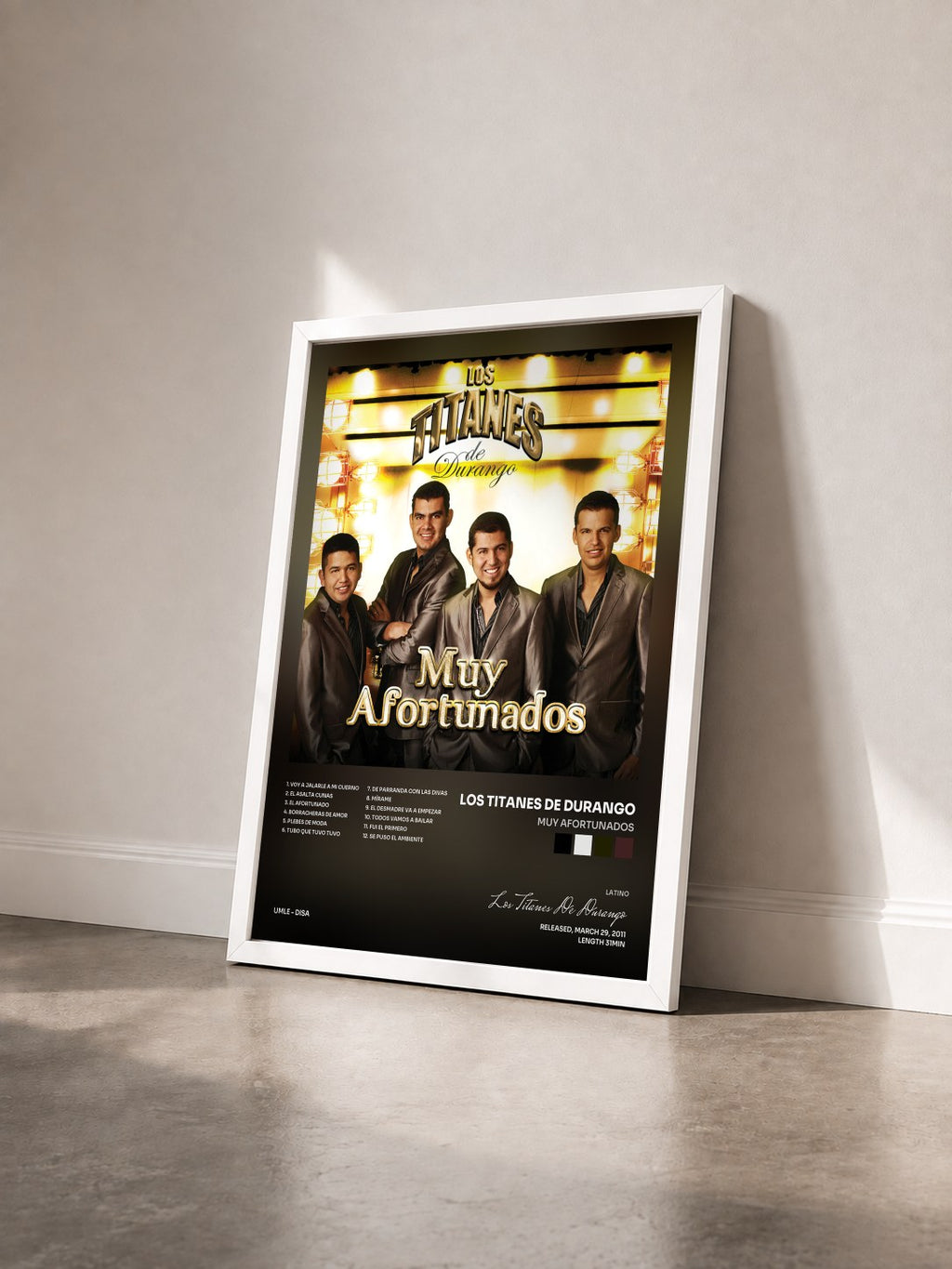#blanc Muy Afortunados by Los Titanes De Durango as a framed art print seen at an angle, white frame