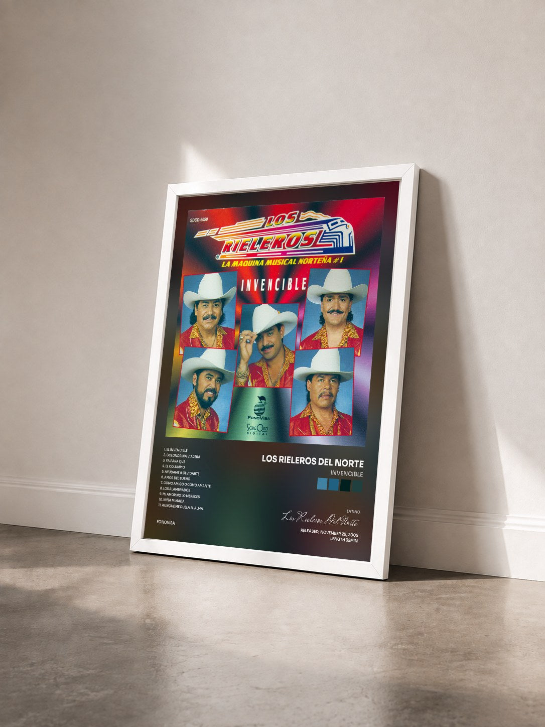 #blanc Tableau de l'album Invencible de Los Rieleros Del Norte vu de trois quarts, cadre blanc