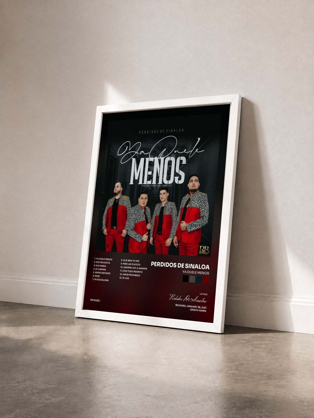 #blanc Tableau de l'album Ya Duele Menos de Perdidos De Sinaloa vu de trois quarts, cadre blanc