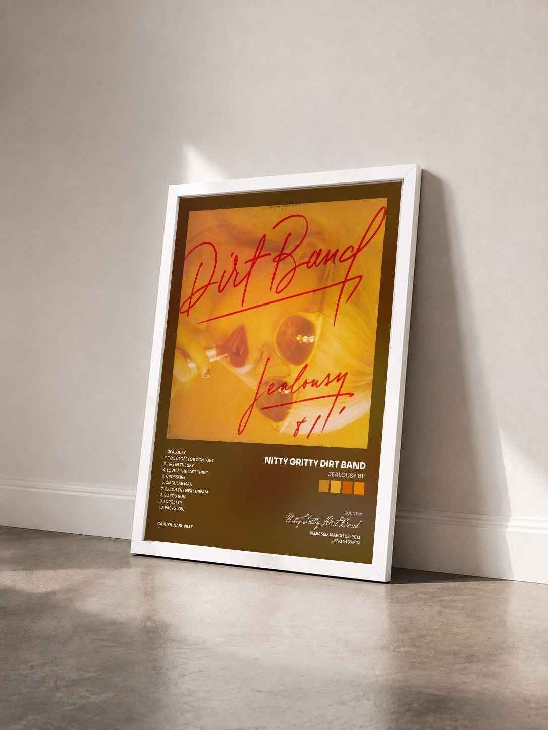 #blanc Tableau de l'album Jealousy 81' de Nitty Gritty Dirt Band vu de trois quarts, cadre blanc