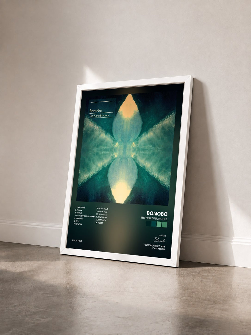 #blanc Tableau de l'album The North Borders de Bonobo vu de trois quarts, cadre blanc