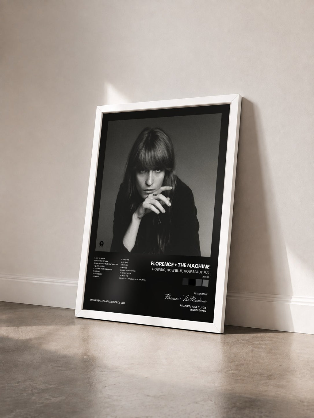 #blanc Tableau de l'album How Big, How Blue, How Beautiful (Deluxe) de Florence + The Machine vu de trois quarts, cadre blanc